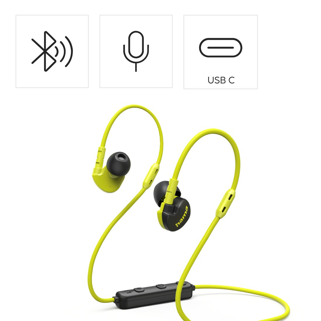 Neongrüne Bluetooth-Ohrhörer mit Mikrofon und USB-C-Anschluss.