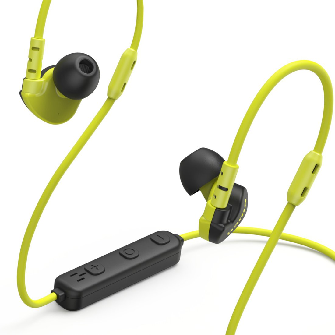 Gelbe Sport-In-Ear-Kopfhörer mit schwarzem Bedienfeld und Ohrbügeln auf weißem Hintergrund.