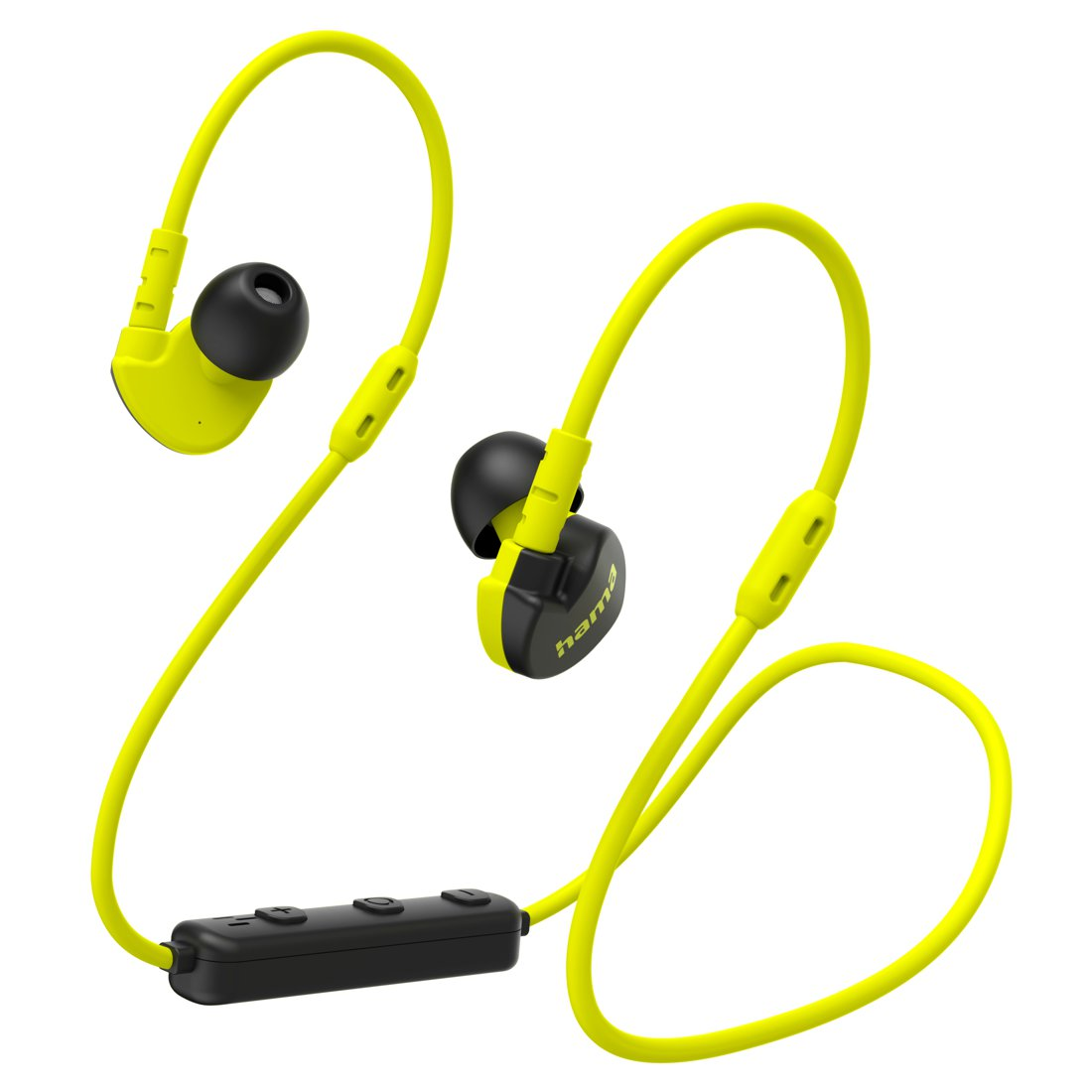 Helle gelbe und schwarze In-Ear-Sportkopfhörer mit Ohrbügeln und Bedieneinheit vor weißem Hintergrund.