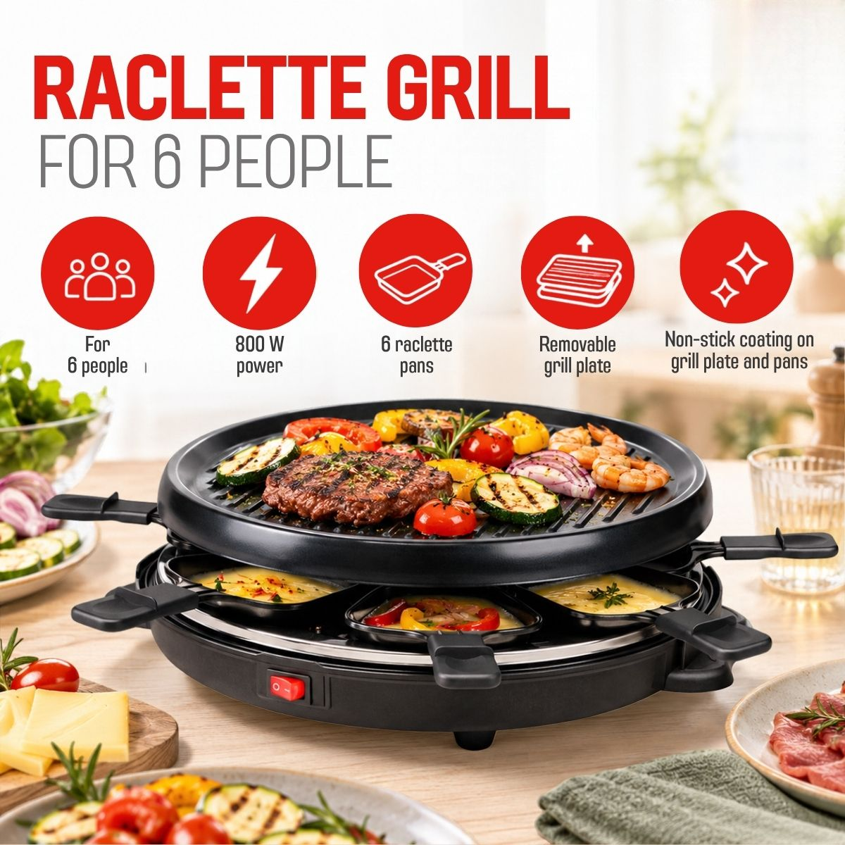 Una piastra per raclette nera per 6 persone con carne, verdure e formaggio fuso.