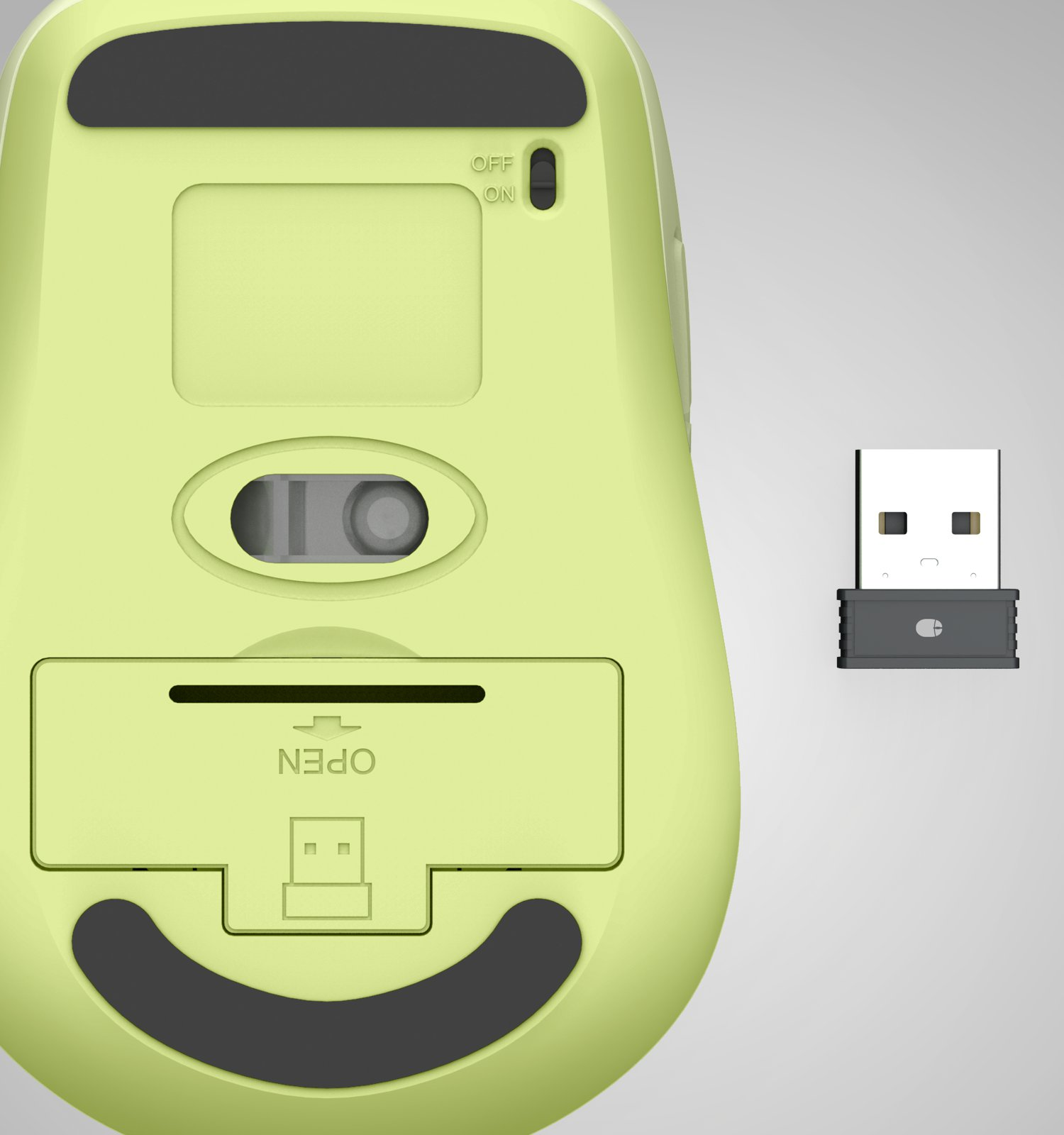 Spód jasnozielonej bezprzewodowej myszy komputerowej z pobliskim odbiornikiem USB.