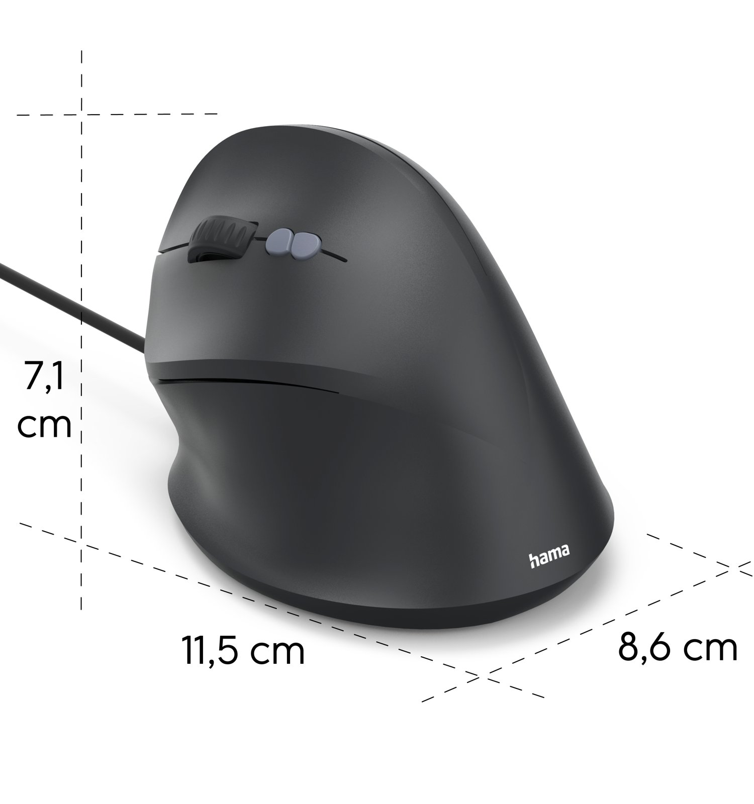 Ratón vertical negro con cable, logotipo de Hama e indicadores de dimensiones de 7,1 cm, 11,5 cm y 8,6 cm sobre fondo blanco.