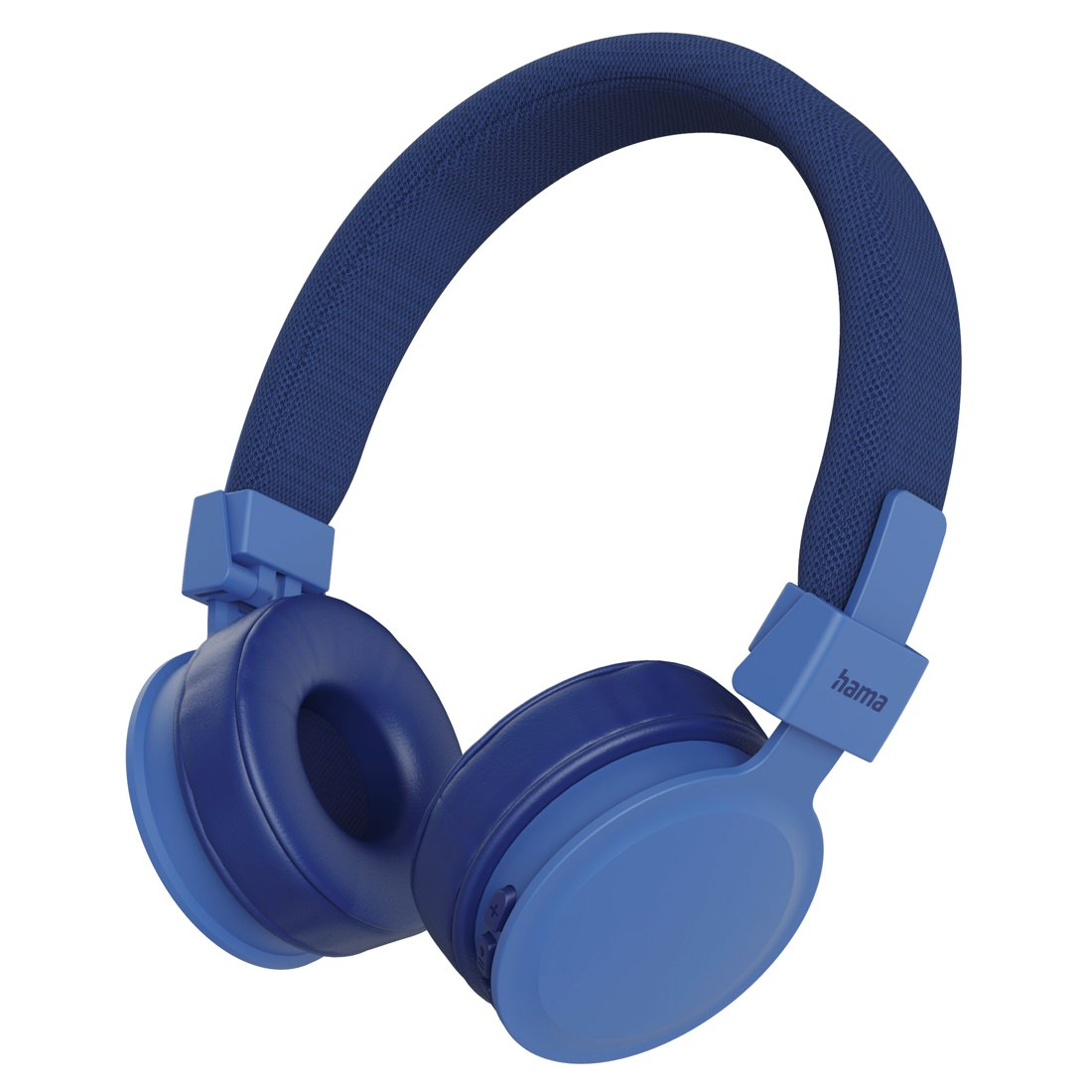 Blaue On-Ear-Kopfhörer mit gepolstertem Kopfbügel und Ohrmuscheln auf weißem Hintergrund.