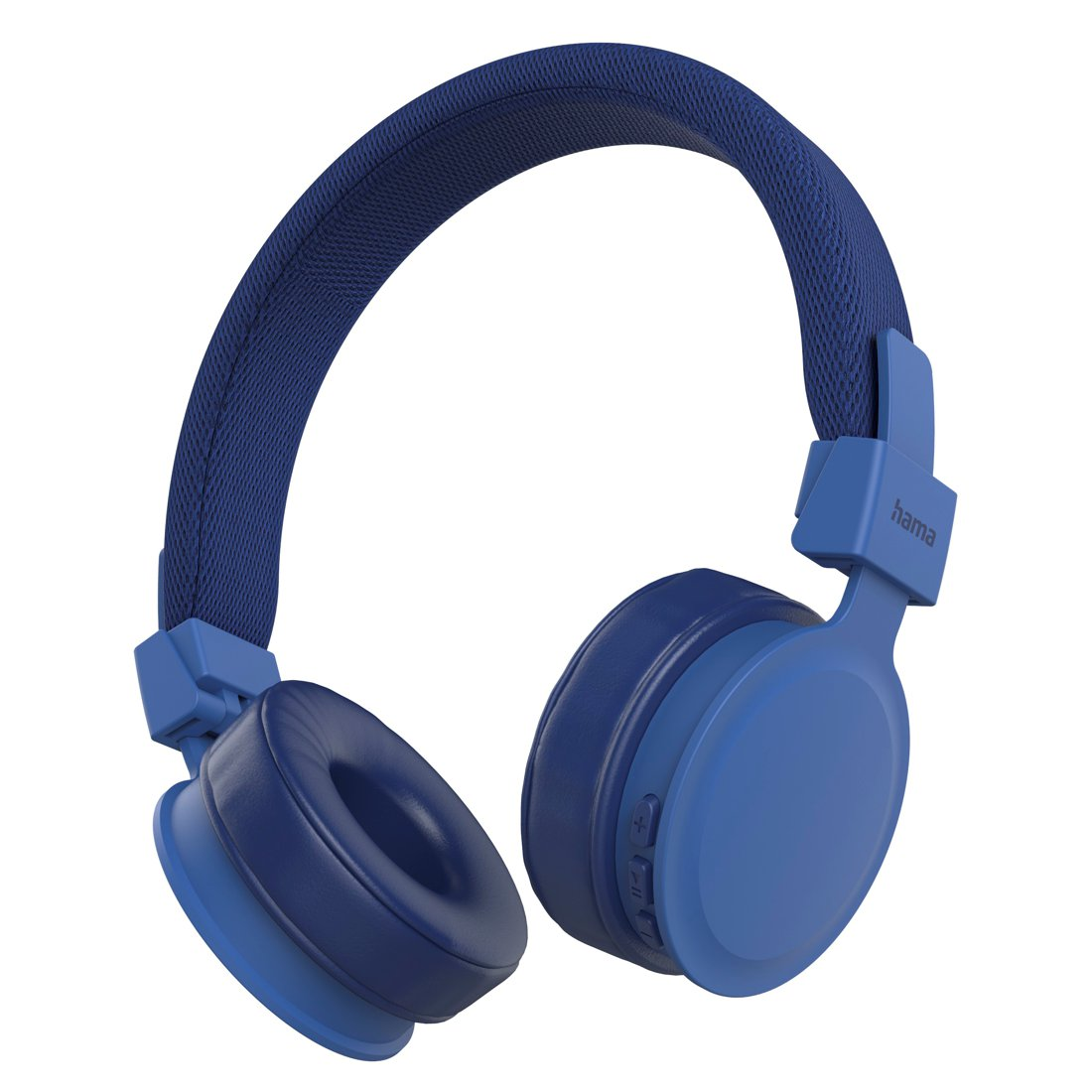 Blaue On-Ear-Kopfhörer mit gepolstertem Kopfbügel und Ohrpolstern.