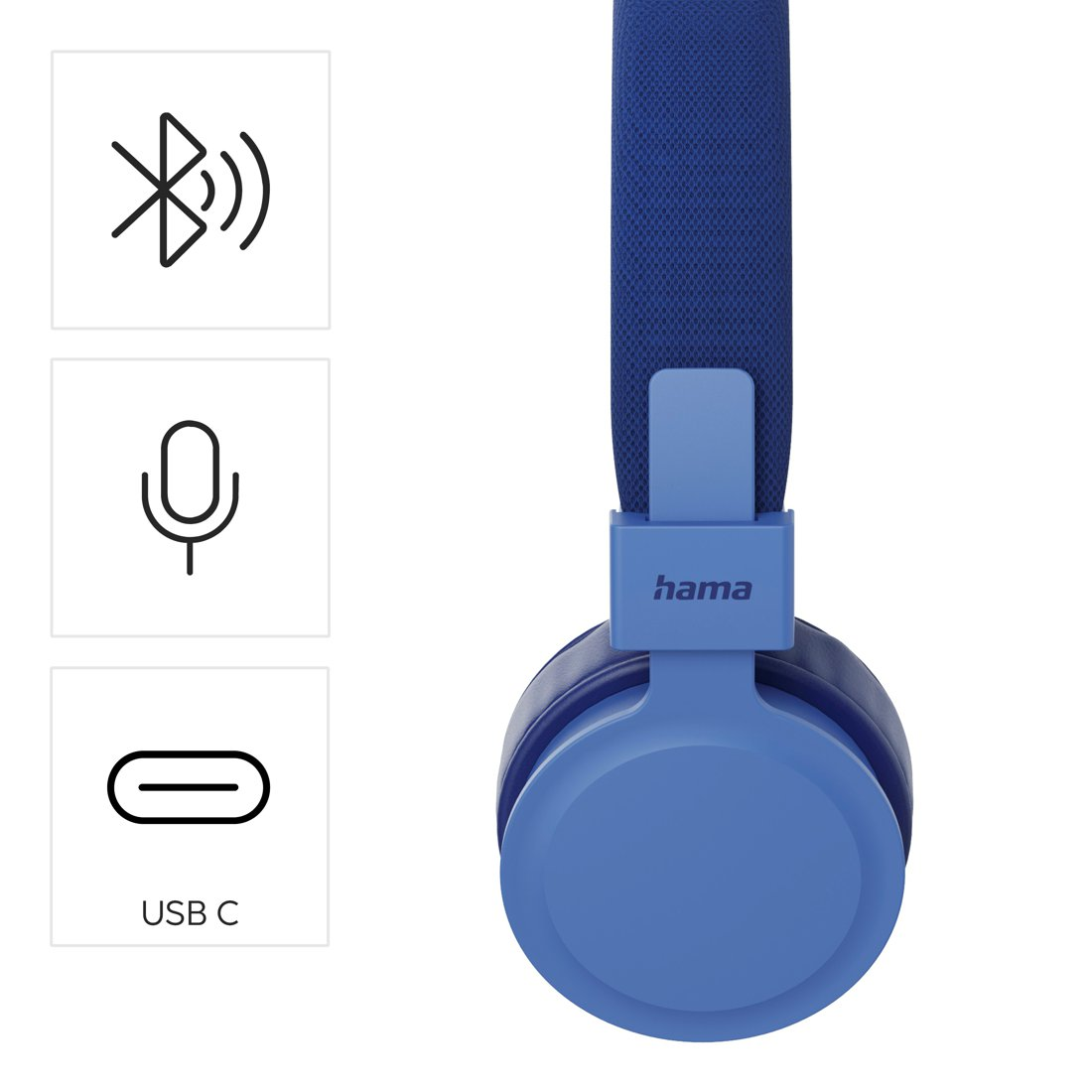 Blaue Hama-Kopfhörer mit Bluetooth, Mikrofon und USB-C.