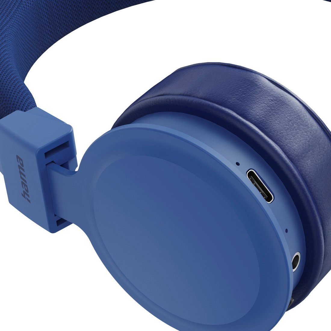 Blaue Over-Ear-Kopfhörer mit USB-C-Anschluss und Audio-Buchse.
