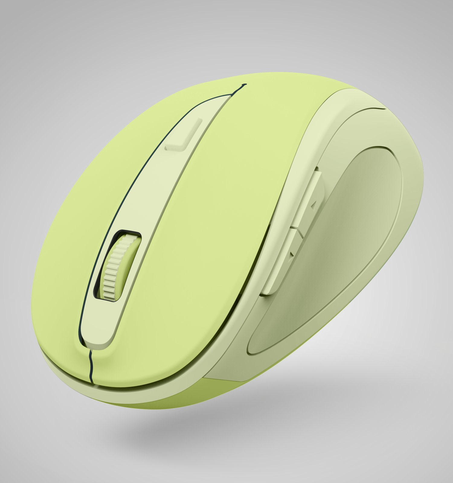 Un mouse per computer wireless verde chiaro con rotella di scorrimento e pulsanti laterali su sfondo grigio.