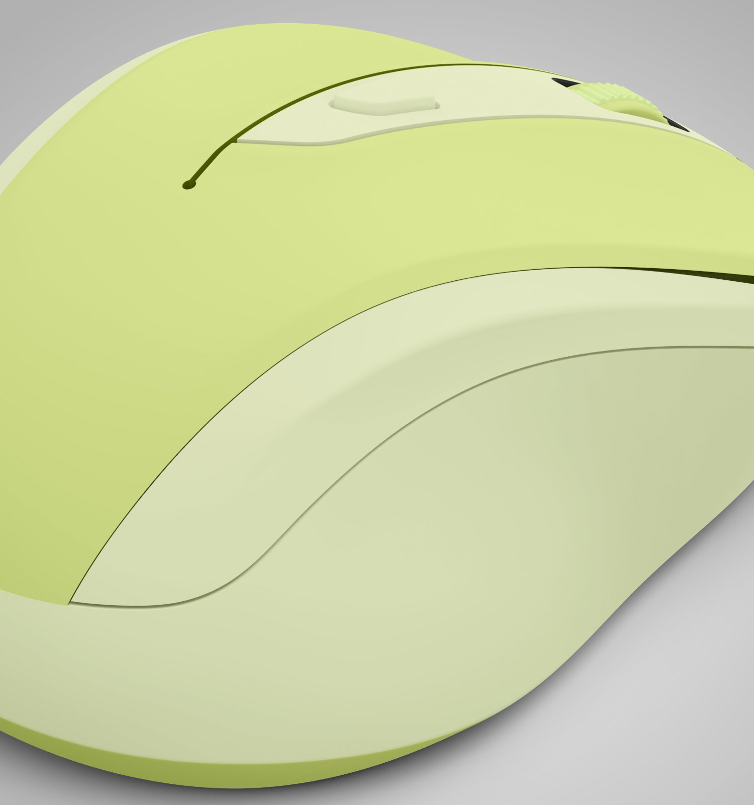 Un mouse per computer wireless verde chiaro su uno sfondo grigio neutro.