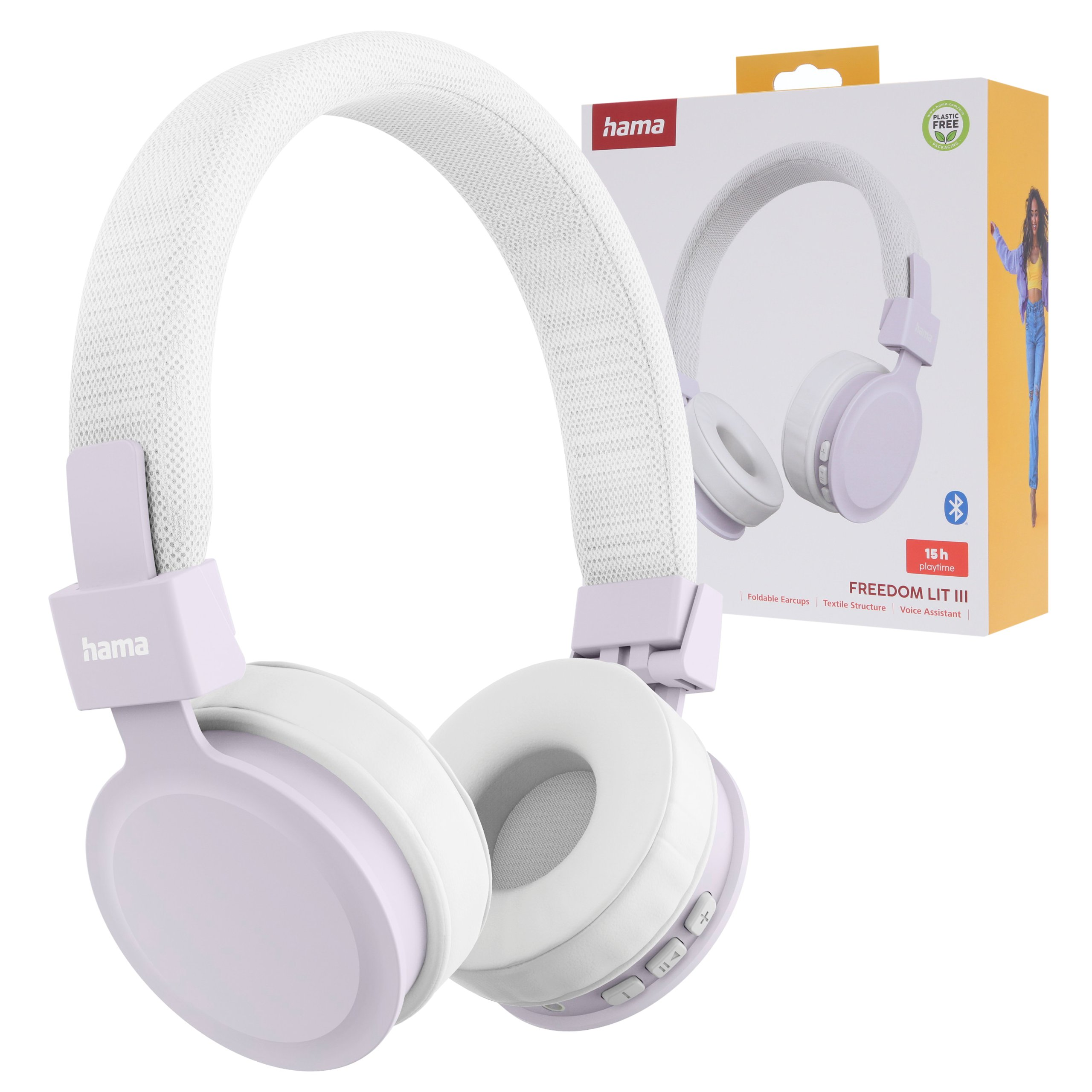 Weiße und hellviolette Hama Freedom Lit III kabellose Kopfhörer vor ihrer Produktverpackung.