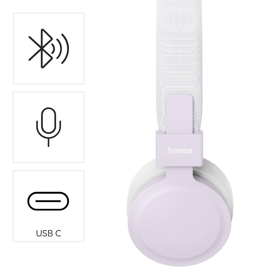 Lila Hama-Kopfhörer mit weißem Bügel und Symbolen für Bluetooth, Mikrofon und USB-C.