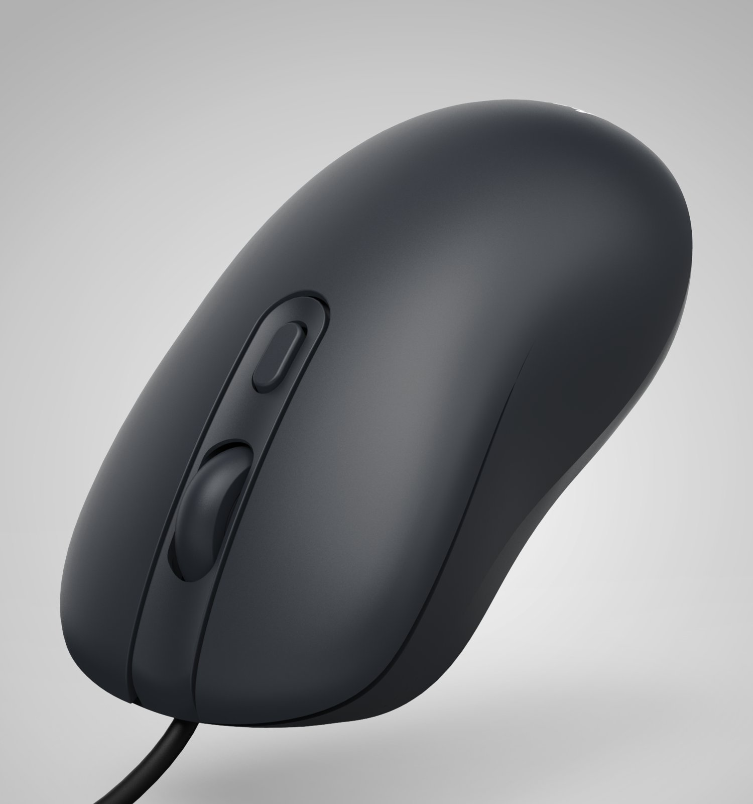 Ratón de computadora negro con rueda de desplazamiento y cable sobre fondo claro.