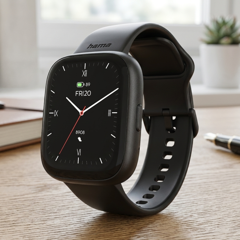 Czarny smartwatch z analogową tarczą na drewnianym stole, w tle okno.