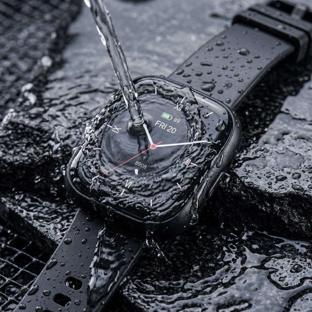 Woda spływająca na czarny smartwatch z kroplami na mokrym kamieniu.