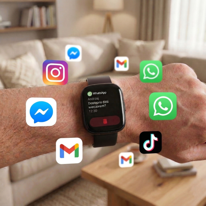 Smartwatch na nadgarstku z powiadomieniem WhatsApp, otoczony unoszącymi się ikonami mediów społecznościowych w salonie.