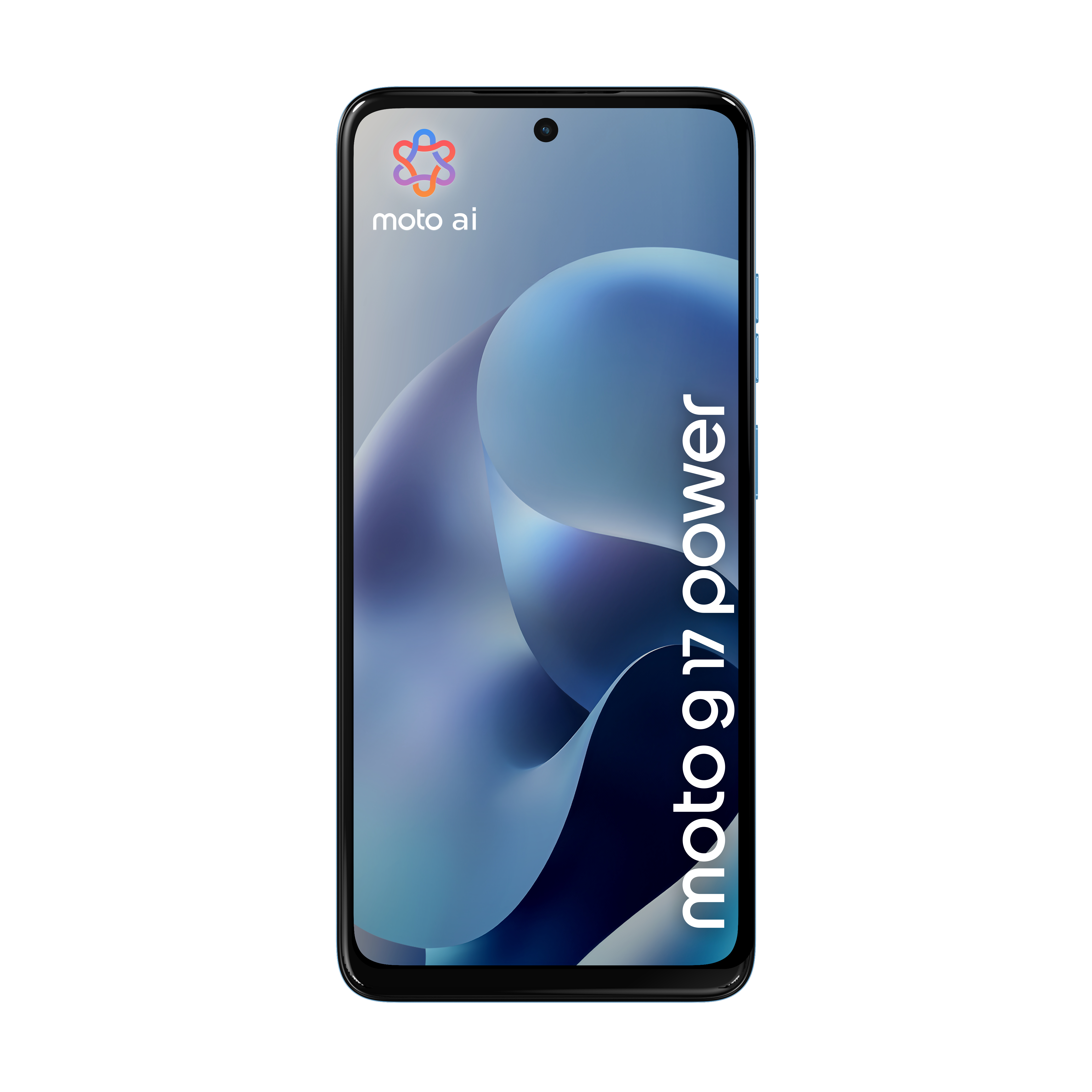A black smartphone displaying a blue wallpaper with moto ai and moto g17 power branding.