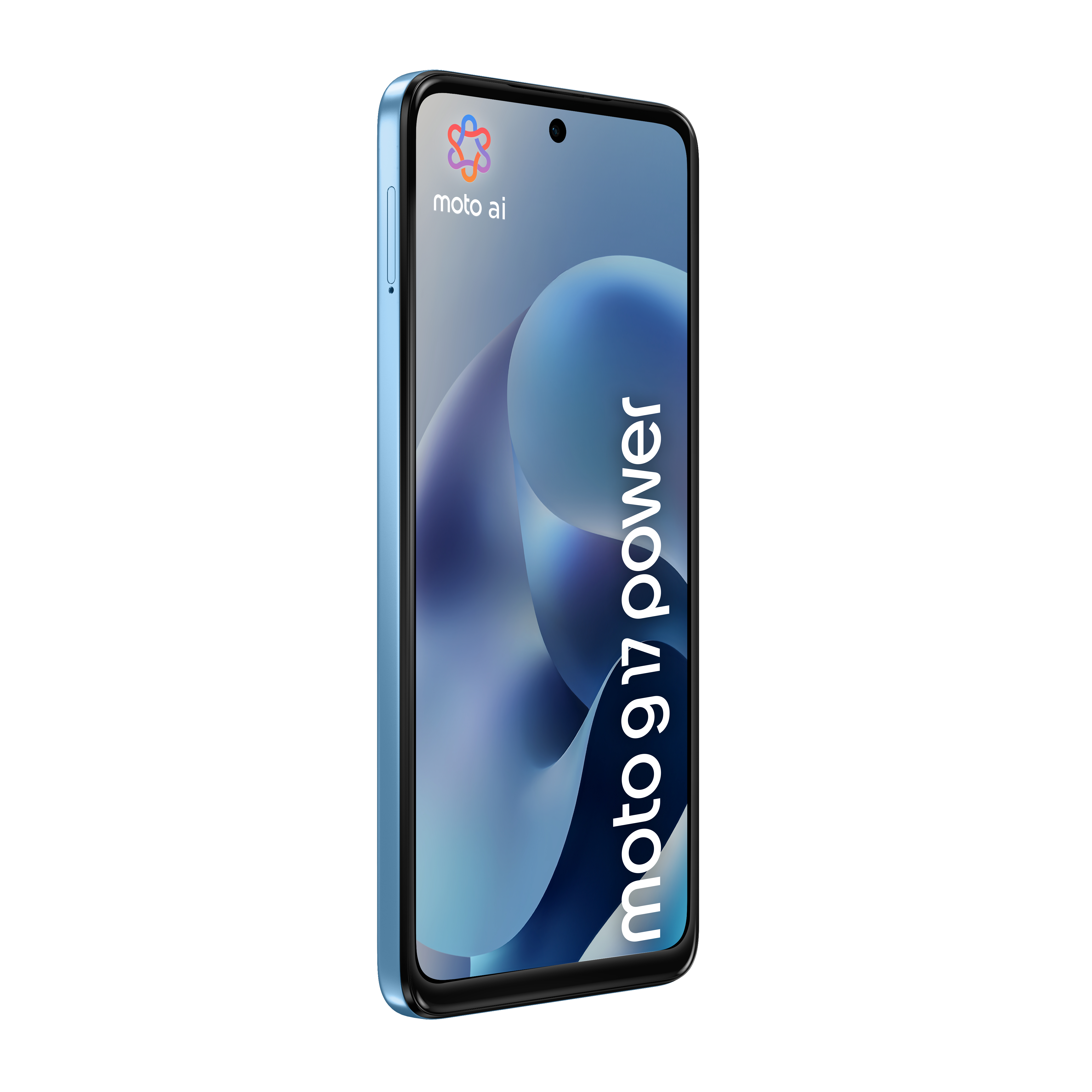 A light blue Motorola smartphone angled left, displaying the moto g17 power and moto ai logo on its screen.