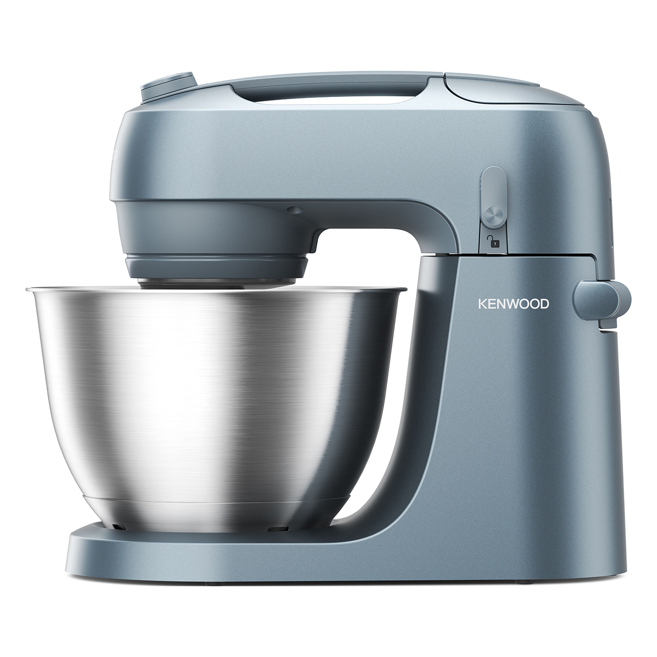 Ein grauer Kenwood-Standmixer mit Edelstahlschüssel auf weißem Hintergrund.