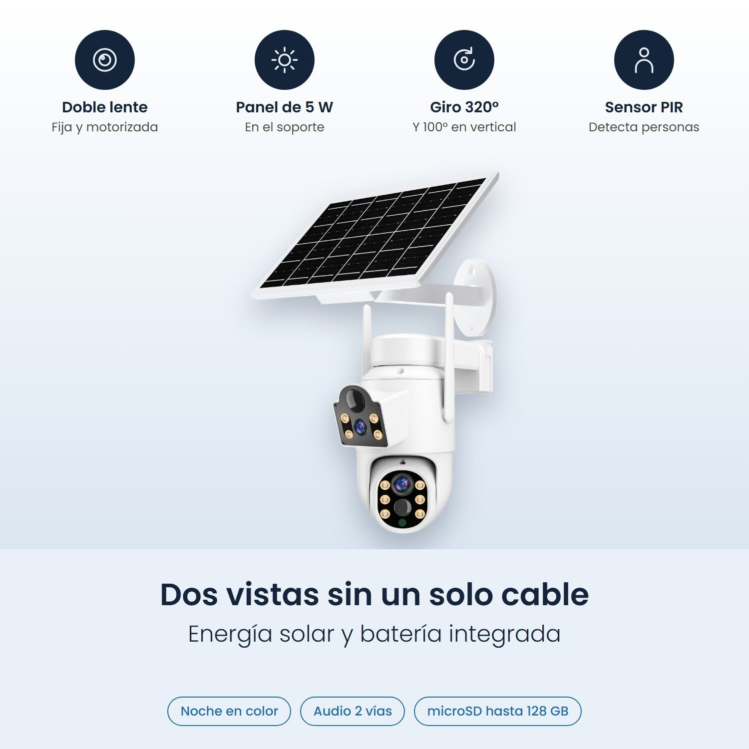 Cámara de seguridad solar inalámbrica con doble lente, panel solar de 5W y Wi-Fi.
