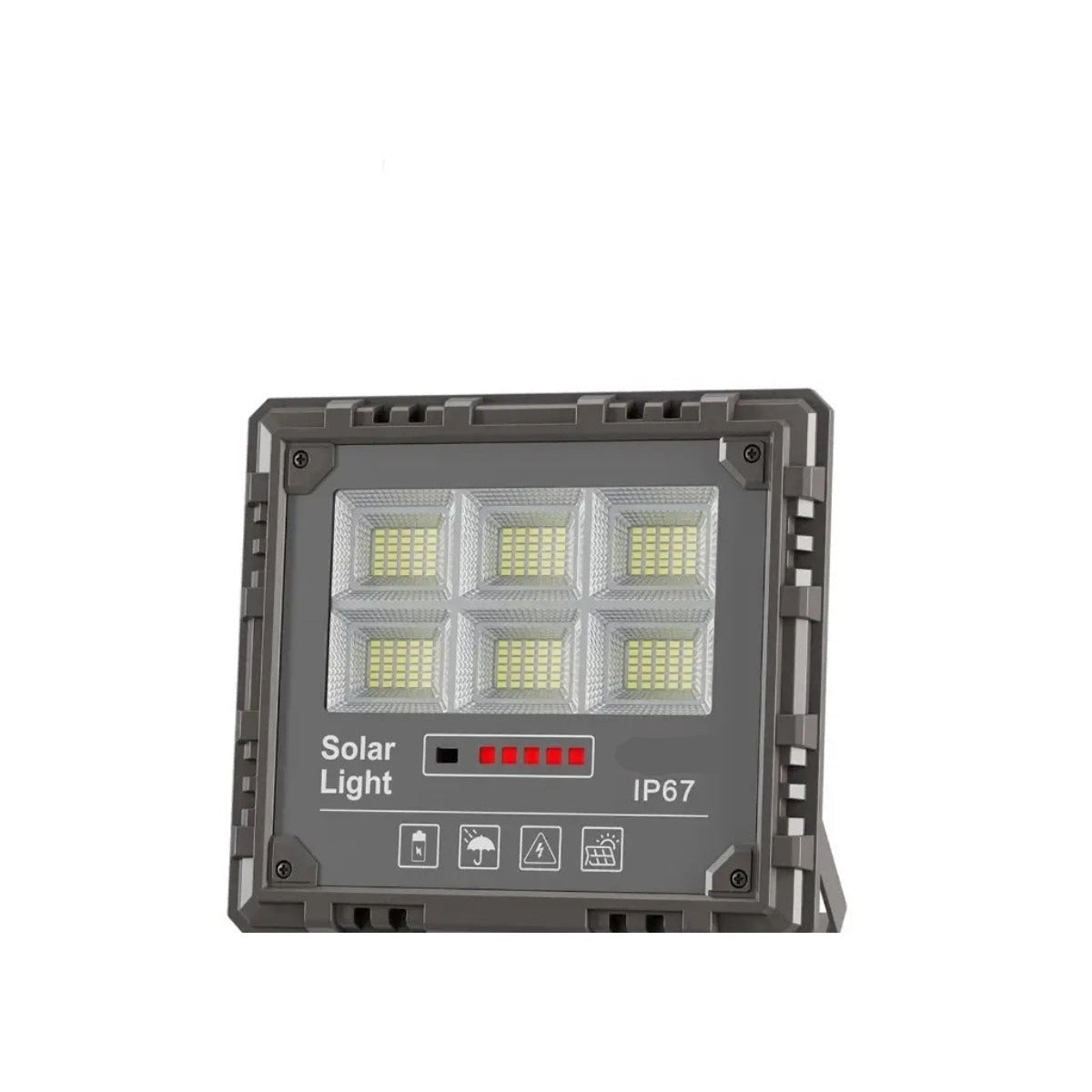 Un proiettore solare grigio IP67 con sei pannelli LED e un indicatore di carica rosso.