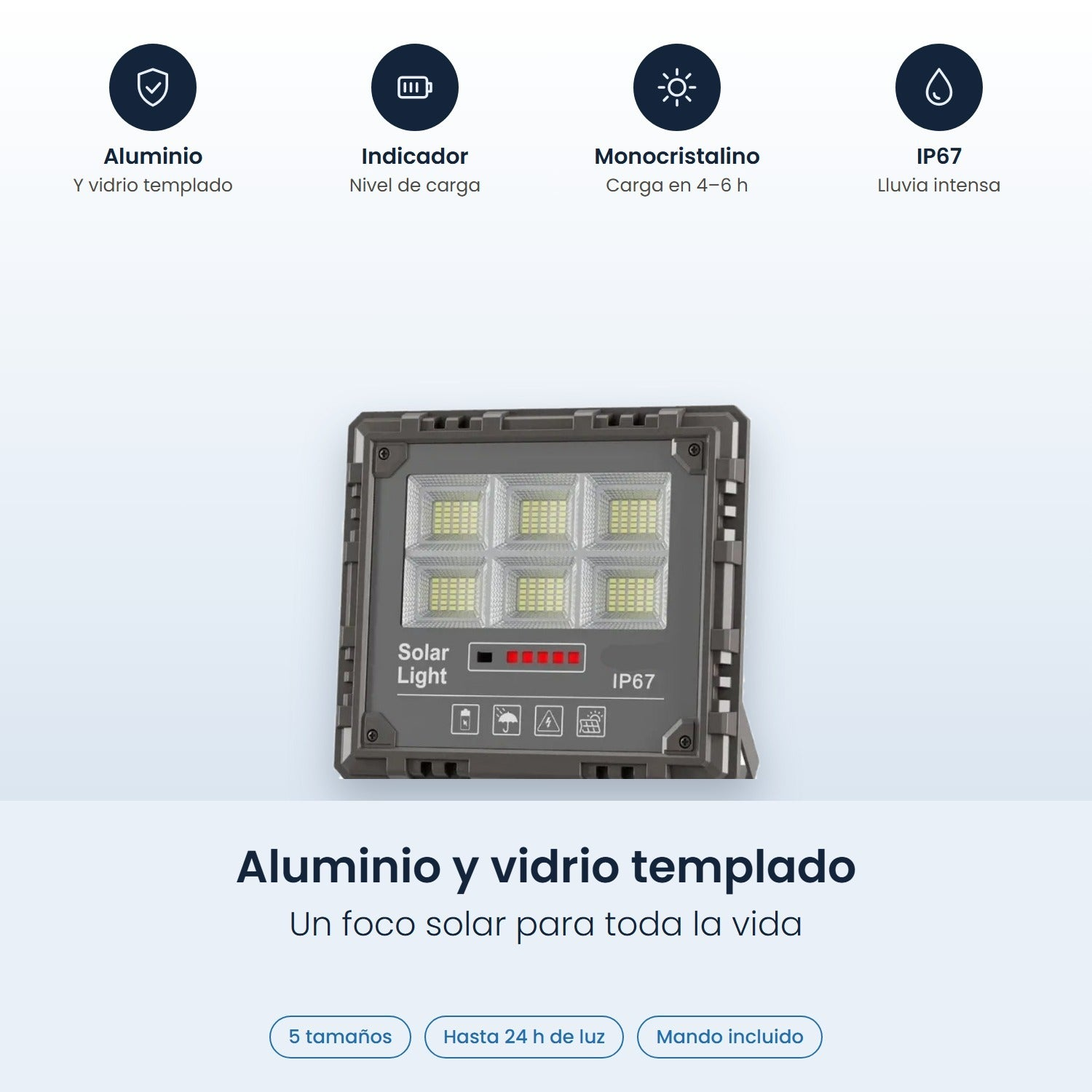 Display luce solare con icone per alluminio, indicatore batteria, monocristallino e grado di impermeabilità IP67.