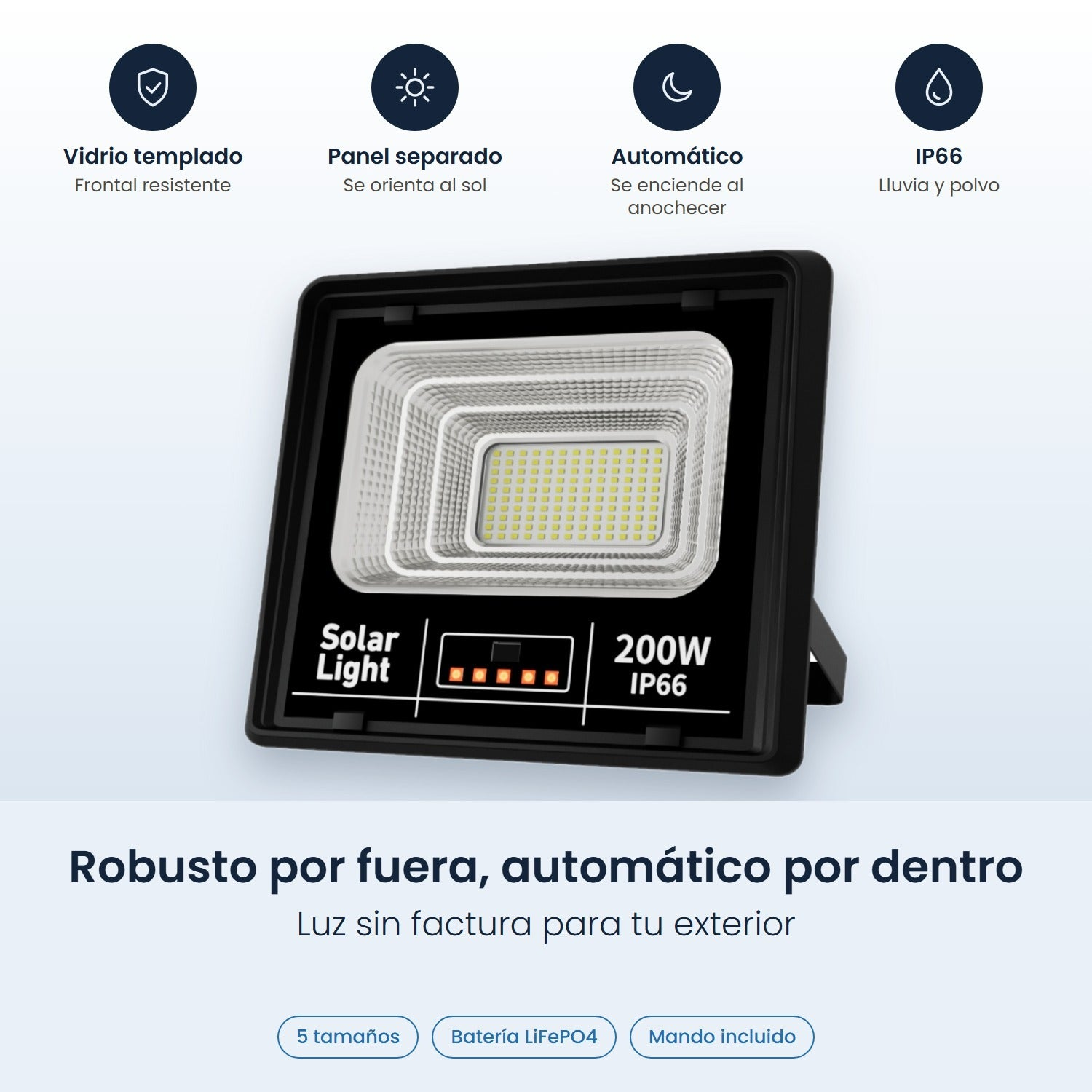 Proiettore LED solare con caratteristiche come vetro temperato e protezione IP66.