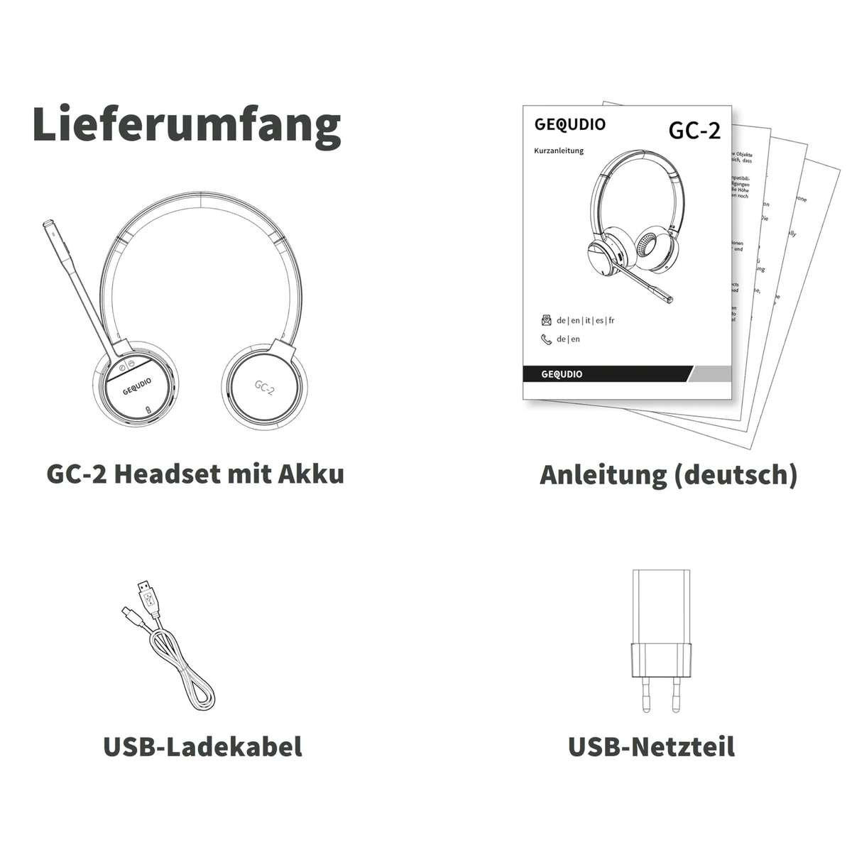 El diagrama muestra el contenido: auriculares GC-2, manual, cable de carga USB y adaptador de corriente.