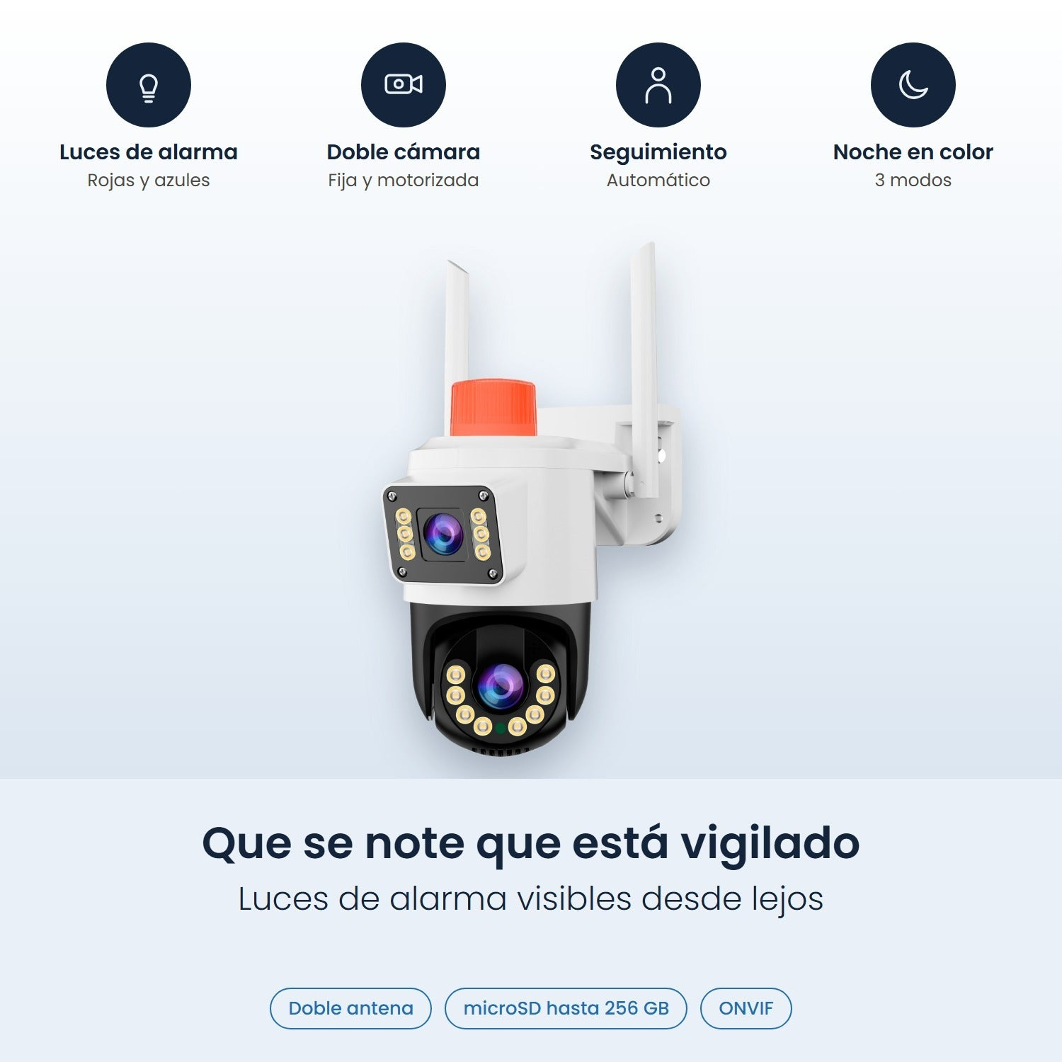 Cámara de vigilancia con doble lente, antenas y luces de alarma.