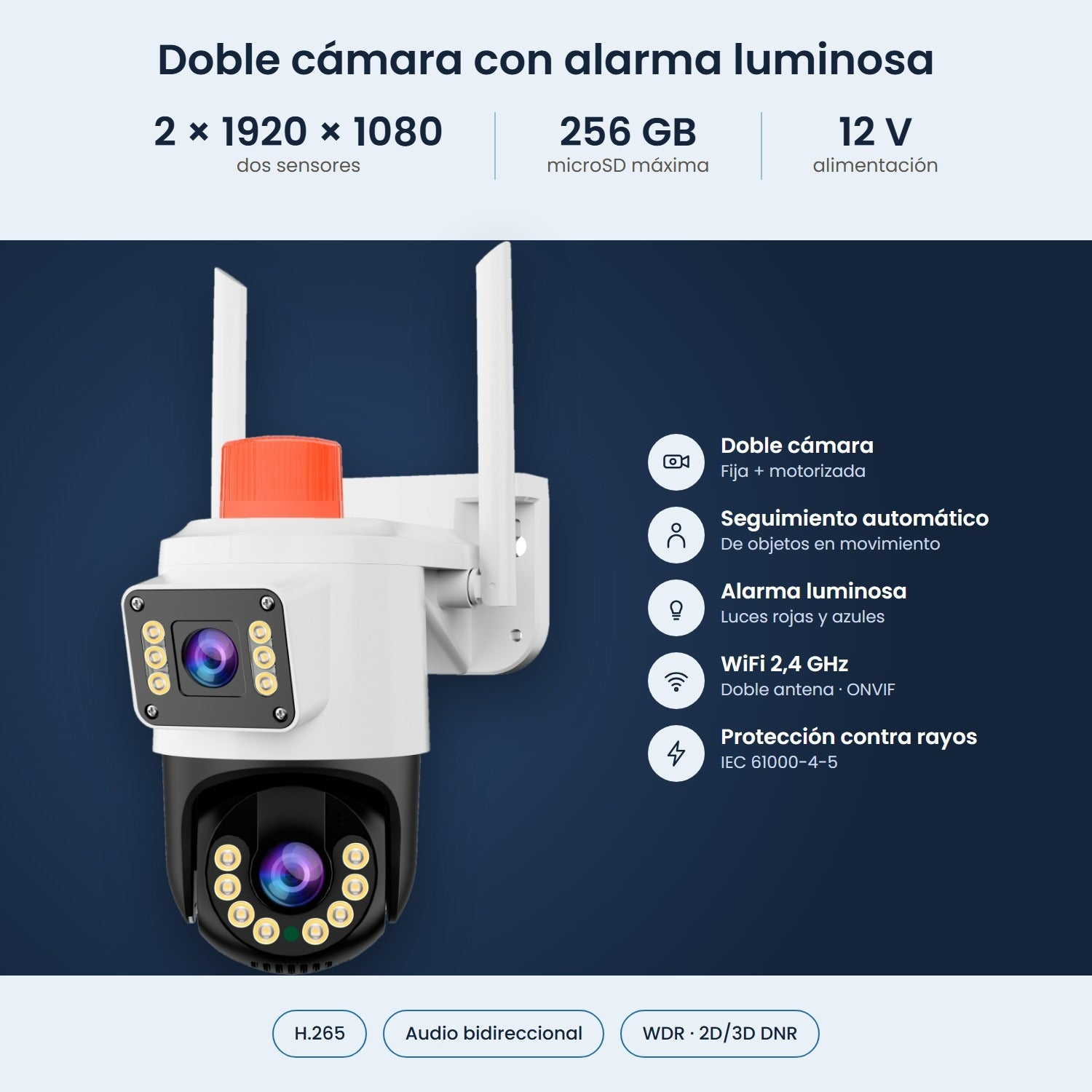 Cámara de seguridad dual blanca con luces de alarma rojas y azules sobre fondo azul oscuro y especificaciones técnicas.