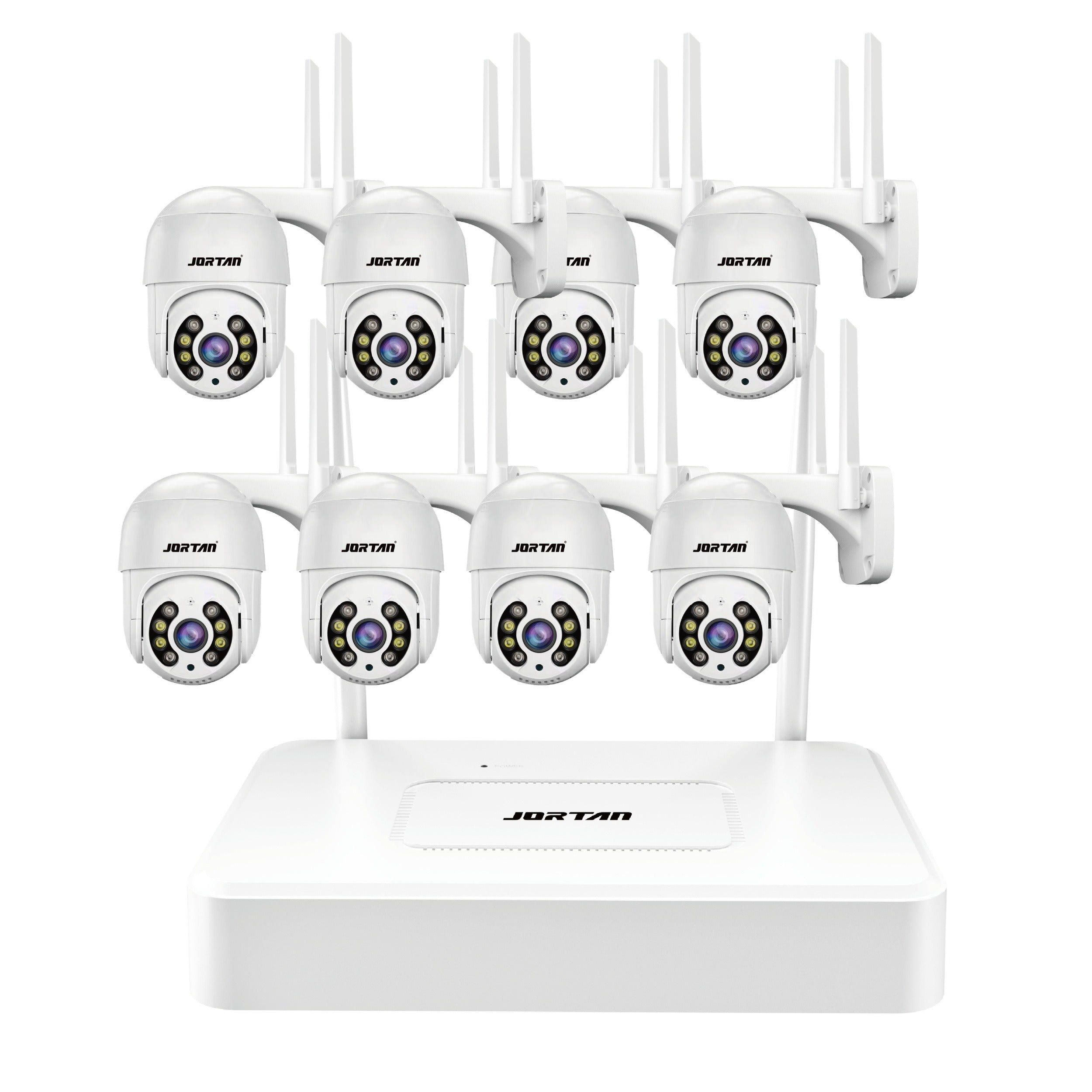 Ocho cámaras de seguridad Jortan blancas con antenas están dispuestas en dos filas sobre una unidad DVR.
