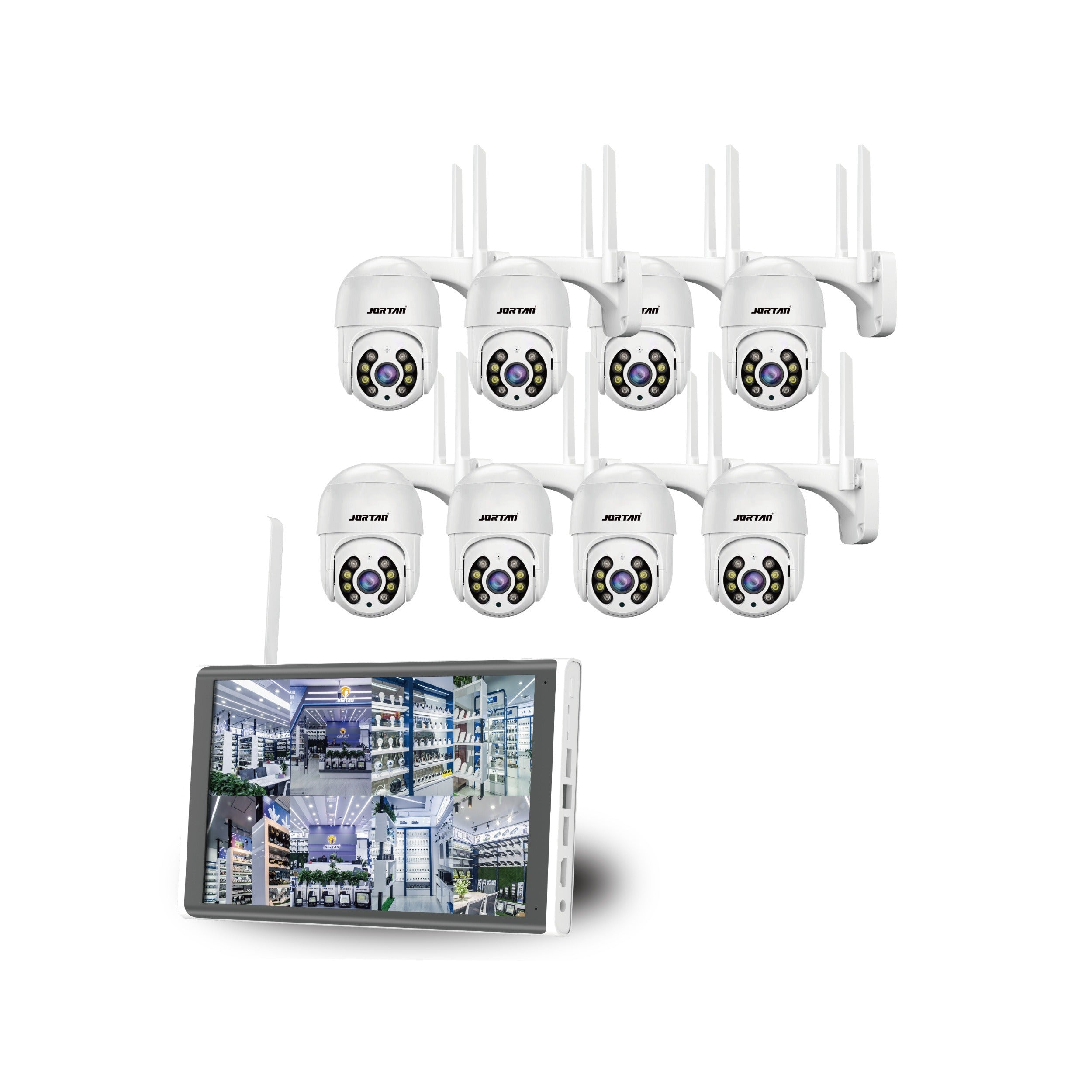 Ocho cámaras de seguridad blancas y un monitor con múltiples transmisiones.