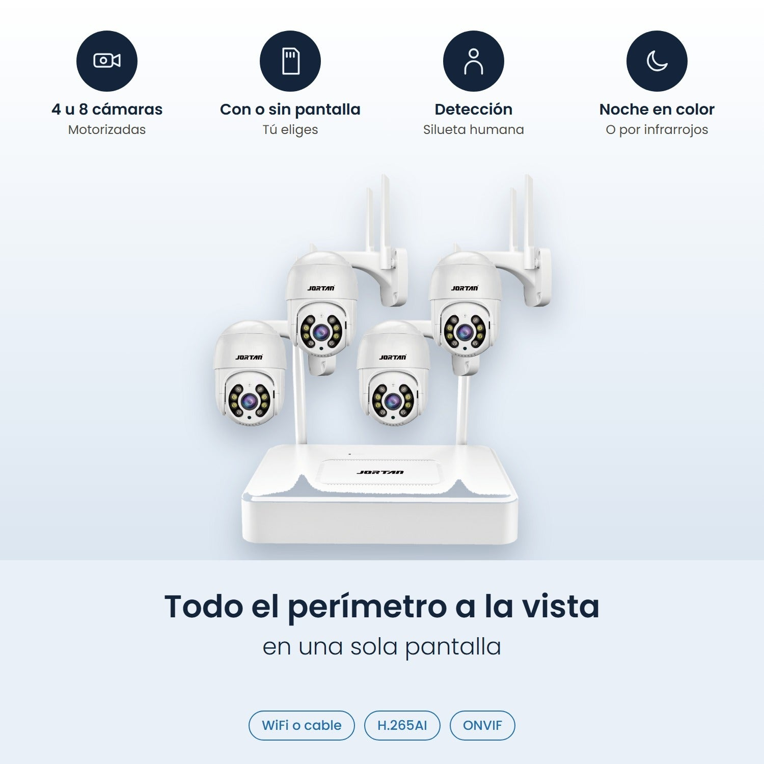 Cuatro cámaras de seguridad blancas y una unidad base sobre fondo azul claro con iconos.