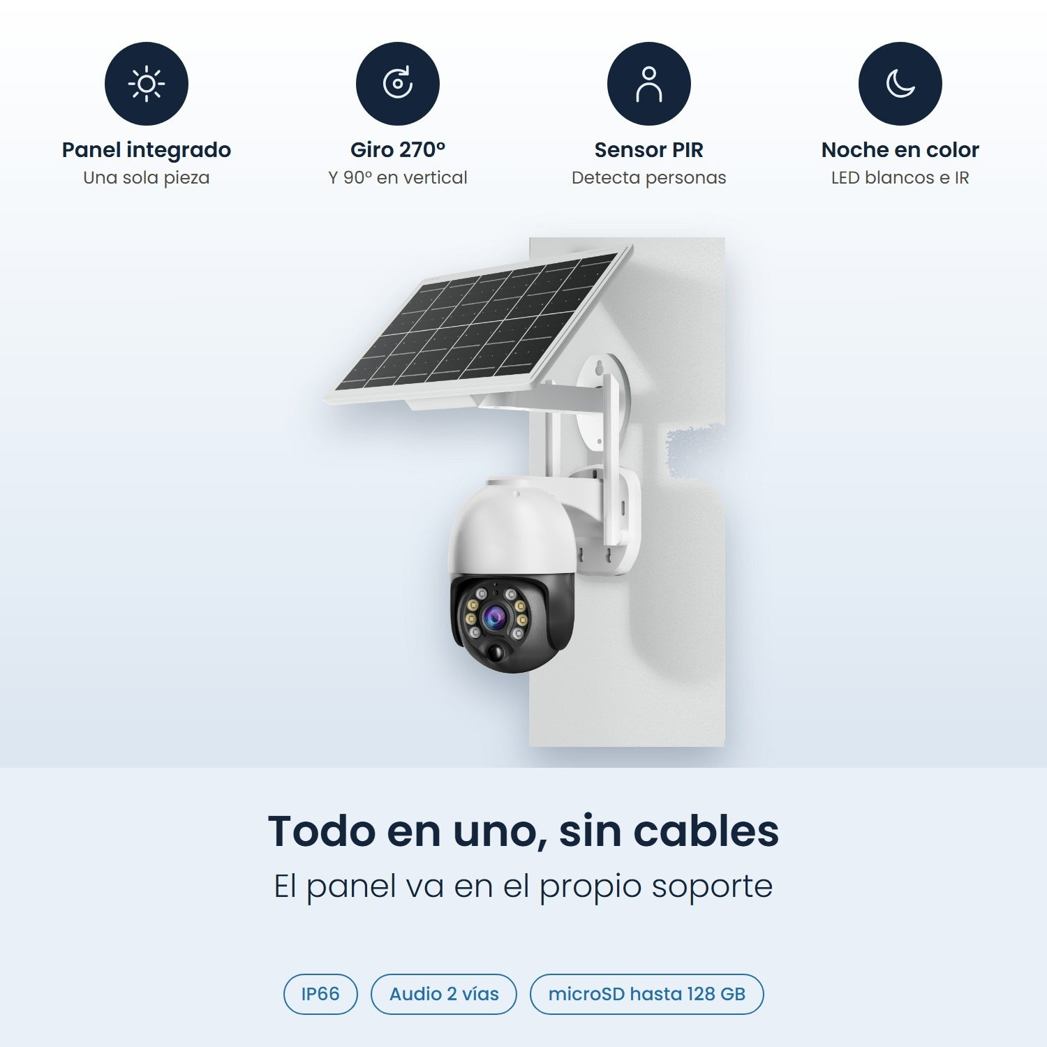 Cámara de seguridad inalámbrica con panel solar integrado en pared blanca.