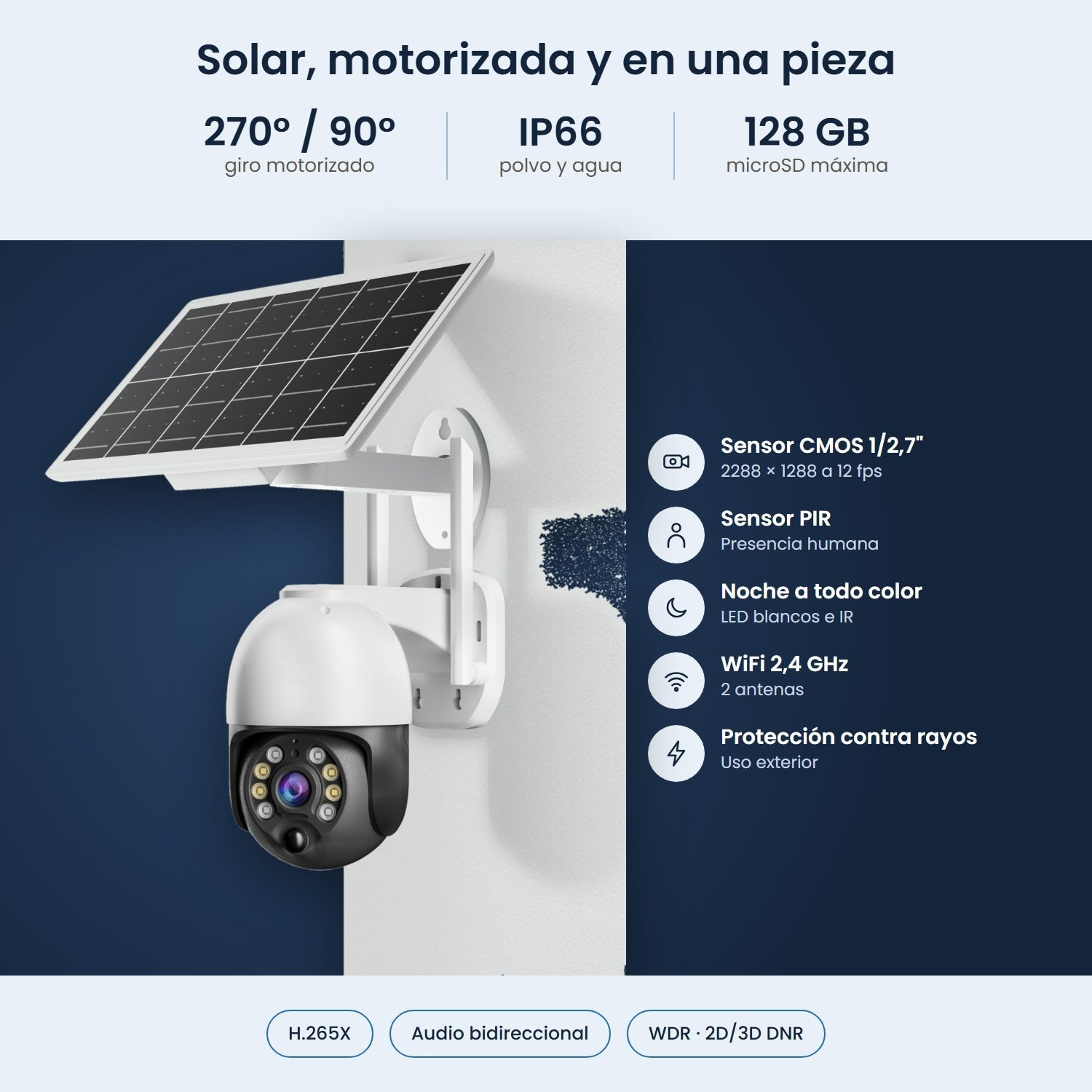 Cámara de seguridad PTZ solar con protección IP66, 128GB de almacenamiento y múltiples funciones.