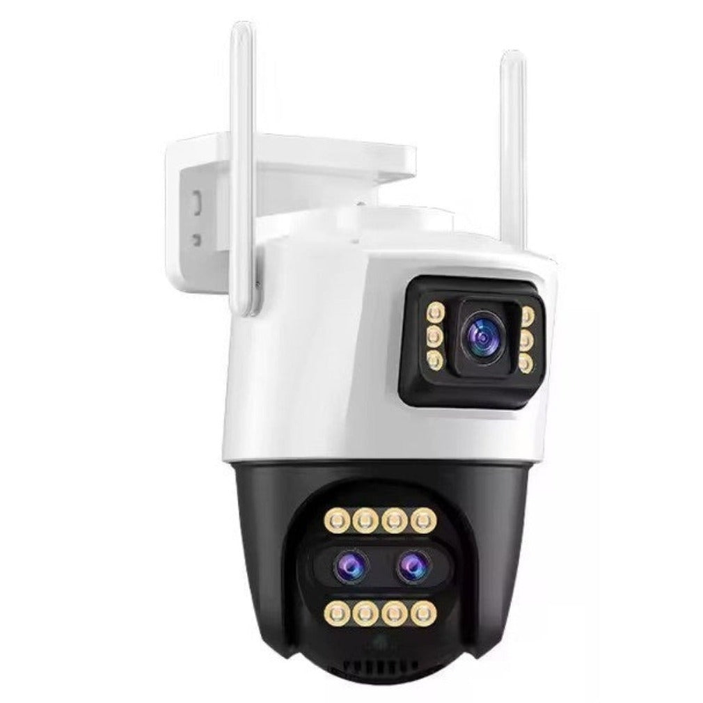 Cámara de seguridad blanca con dos antenas, tres lentes y luces LED integradas sobre fondo blanco.