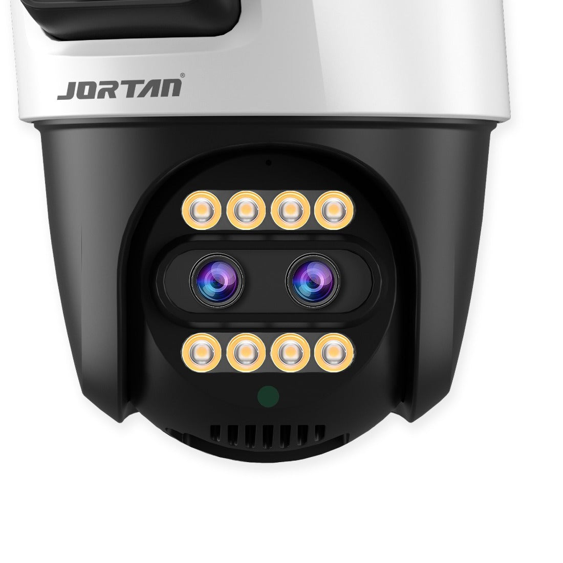 Primer plano de una cámara de seguridad de doble lente Jortan.