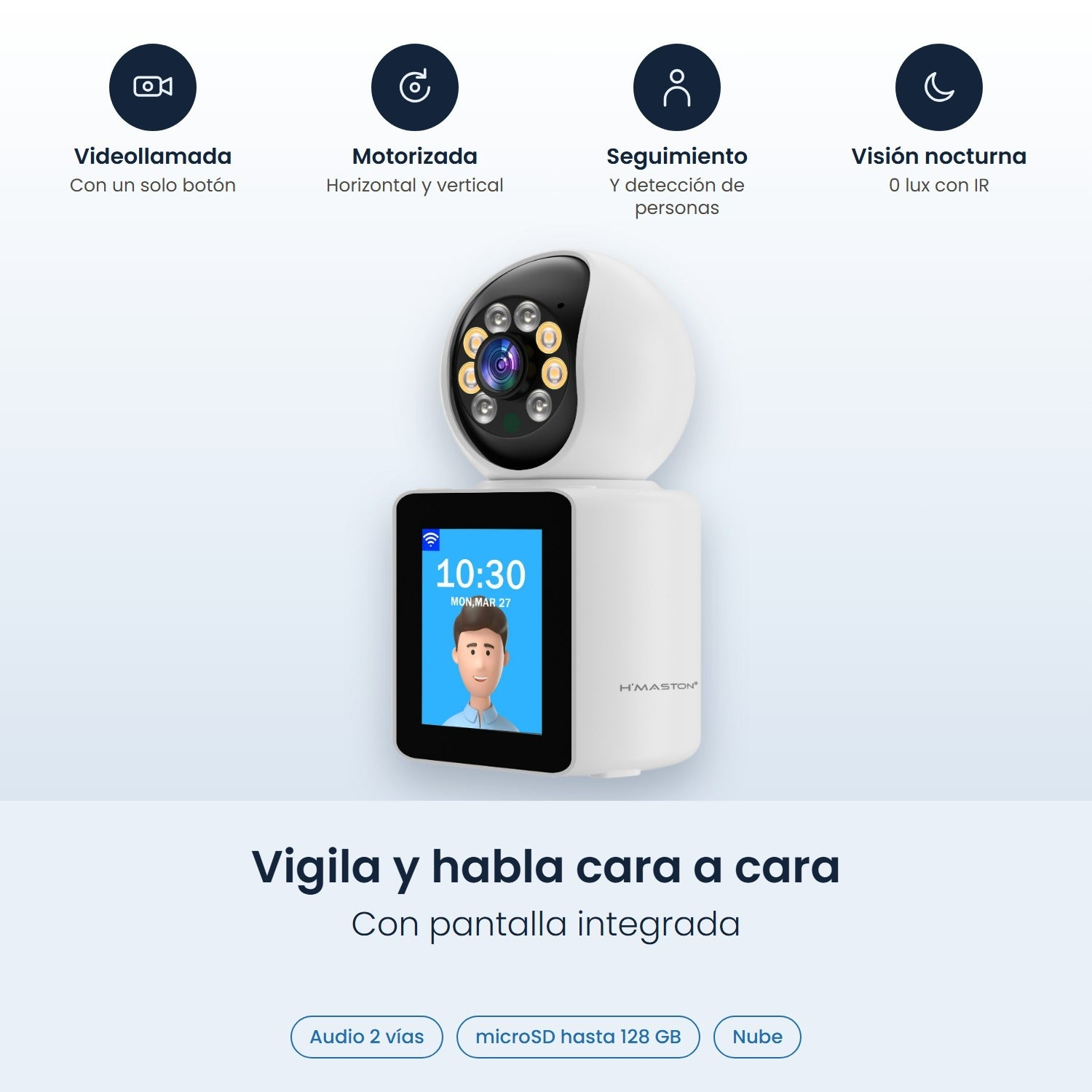 Cámara de seguridad blanca con pantalla integrada que muestra función de videollamada e iconos.