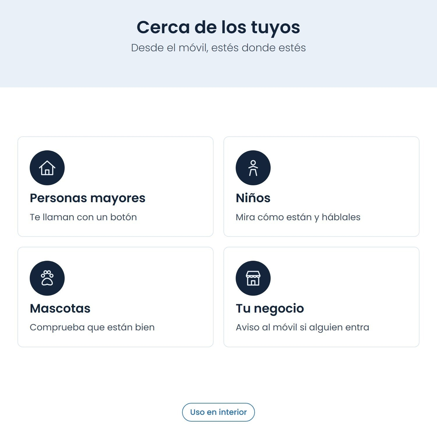 Página web con cuatro opciones: personas mayores, niños, mascotas y tu negocio.