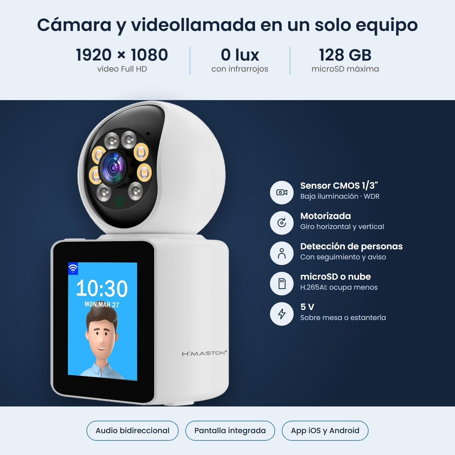 Gráfico de producto de una cámara de seguridad blanca con pantalla y características técnicas sobre fondo azul.