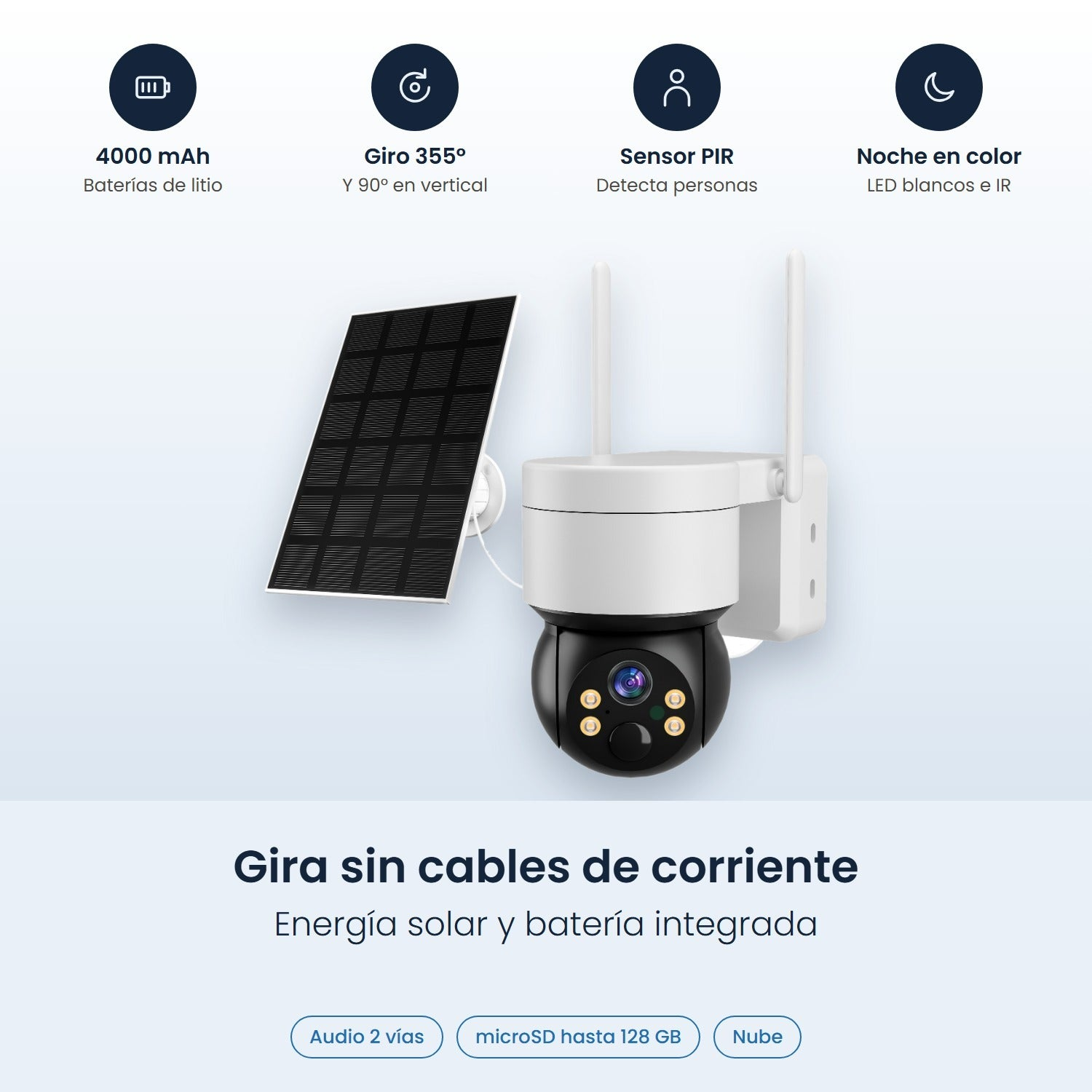Cámara de seguridad blanca y negra con panel solar e iconos de funciones.