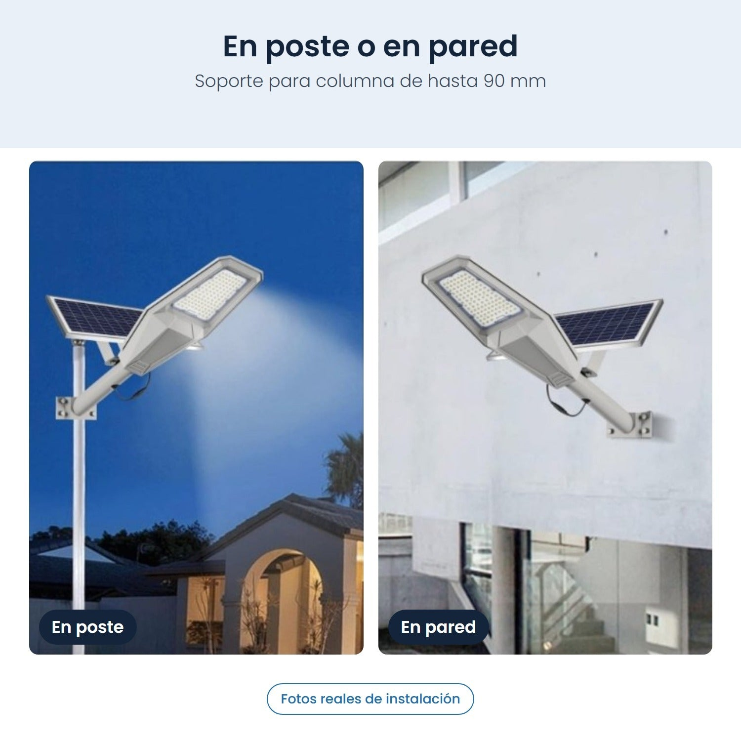 Lampione solare montato su un palo di notte e su un muro di cemento di giorno.