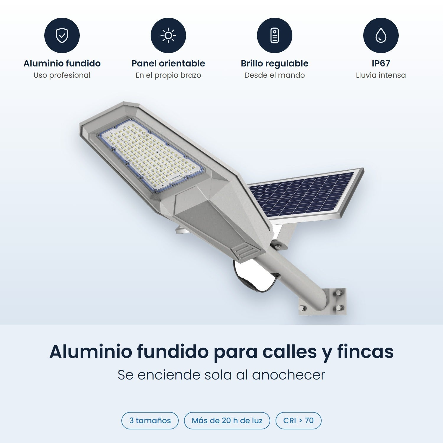 Lampione a LED con pannello solare, corpo in alluminio e quattro icone in alto su sfondo azzurro.