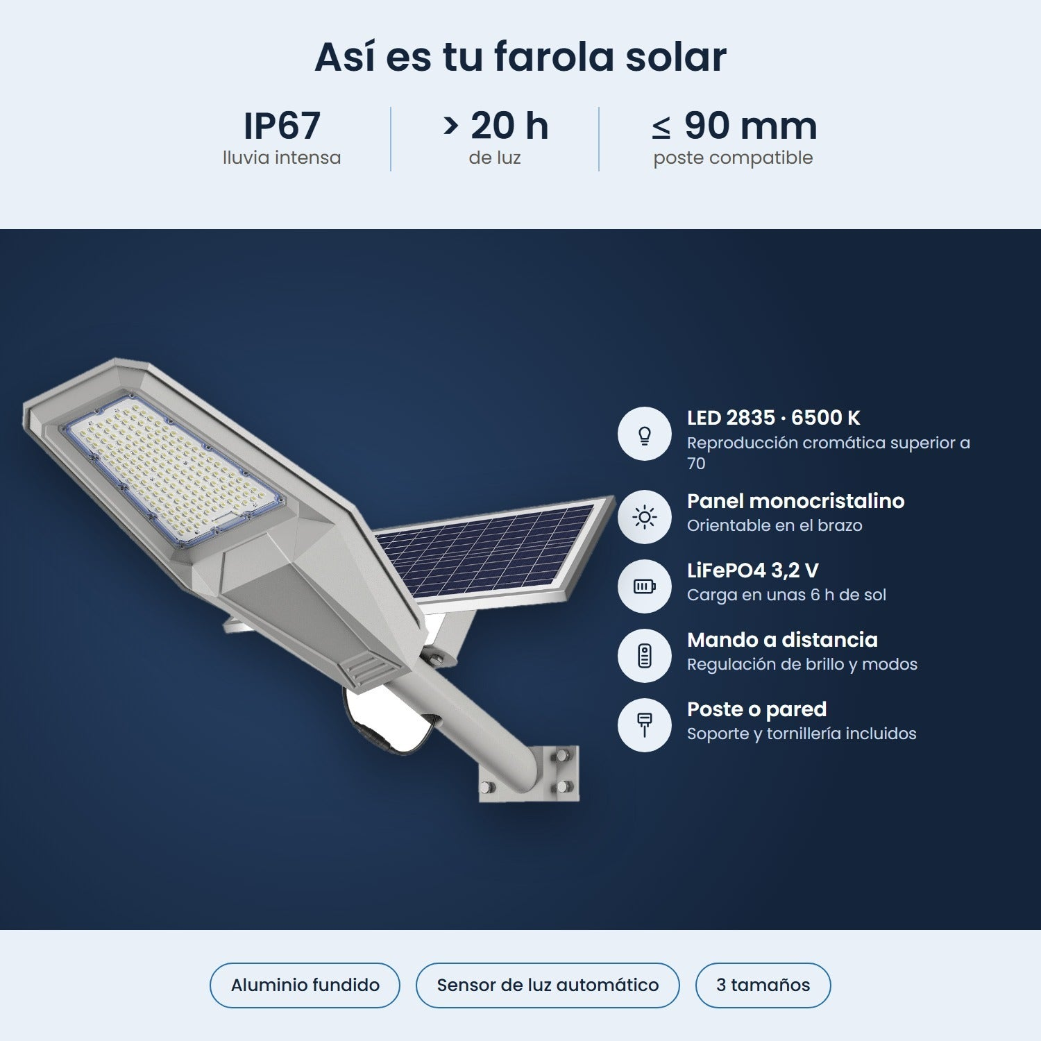 Lampione solare con LED, pannello solare e specifiche tecniche su sfondo blu.