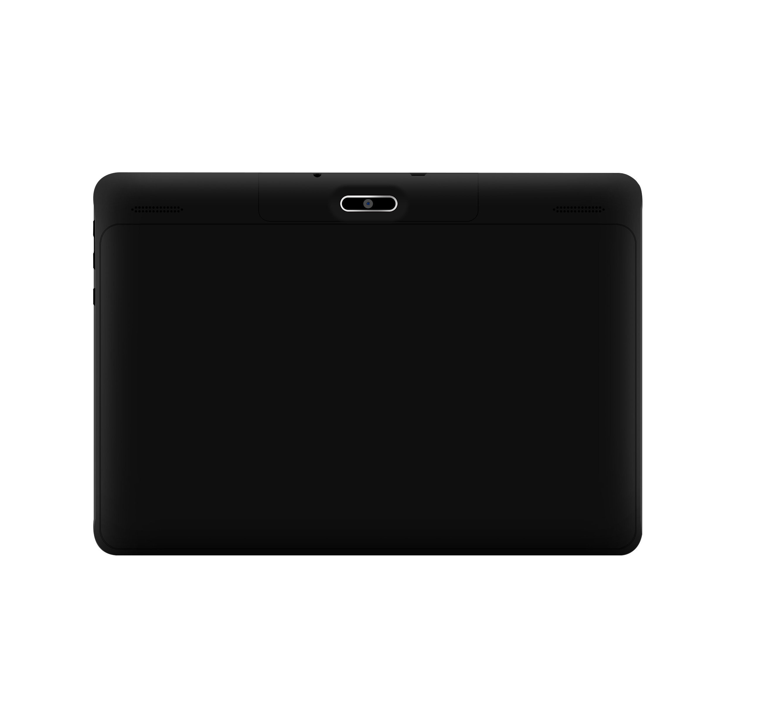 Ein schwarzes Tablet zeigt die Rückseite mit einer Kamera und Lautsprechern auf weißem Hintergrund.