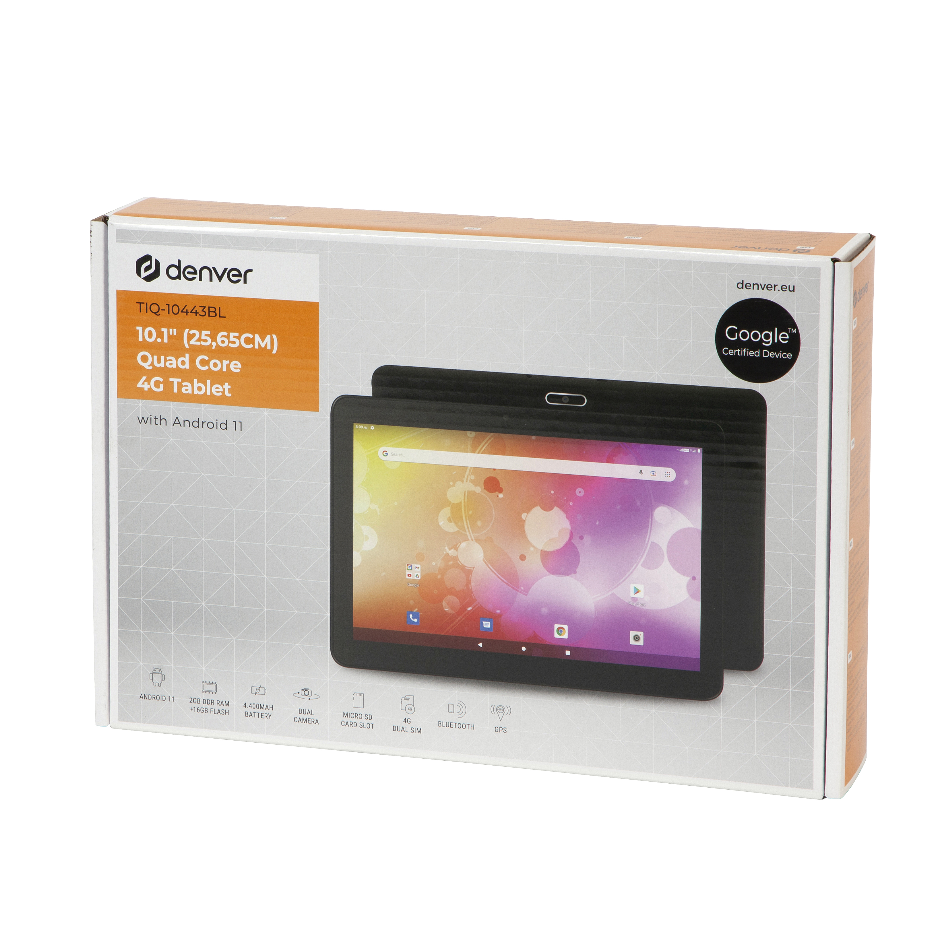 Verpackung eines Denver TIQ-10443BL 10.1 Zoll Quad Core 4G Tablets mit Android 11.