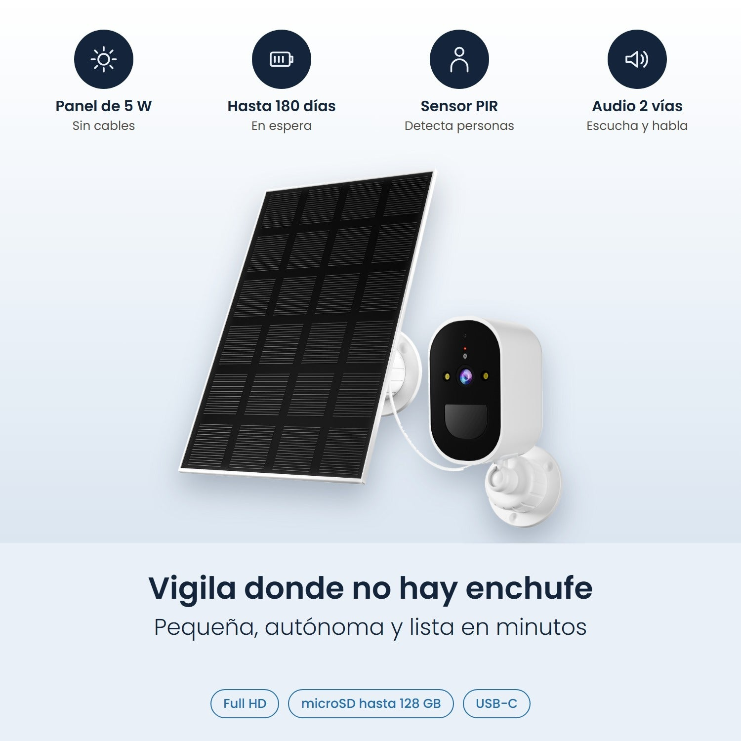Una cámara de seguridad blanca conectada a un panel solar, con iconos y texto en español.