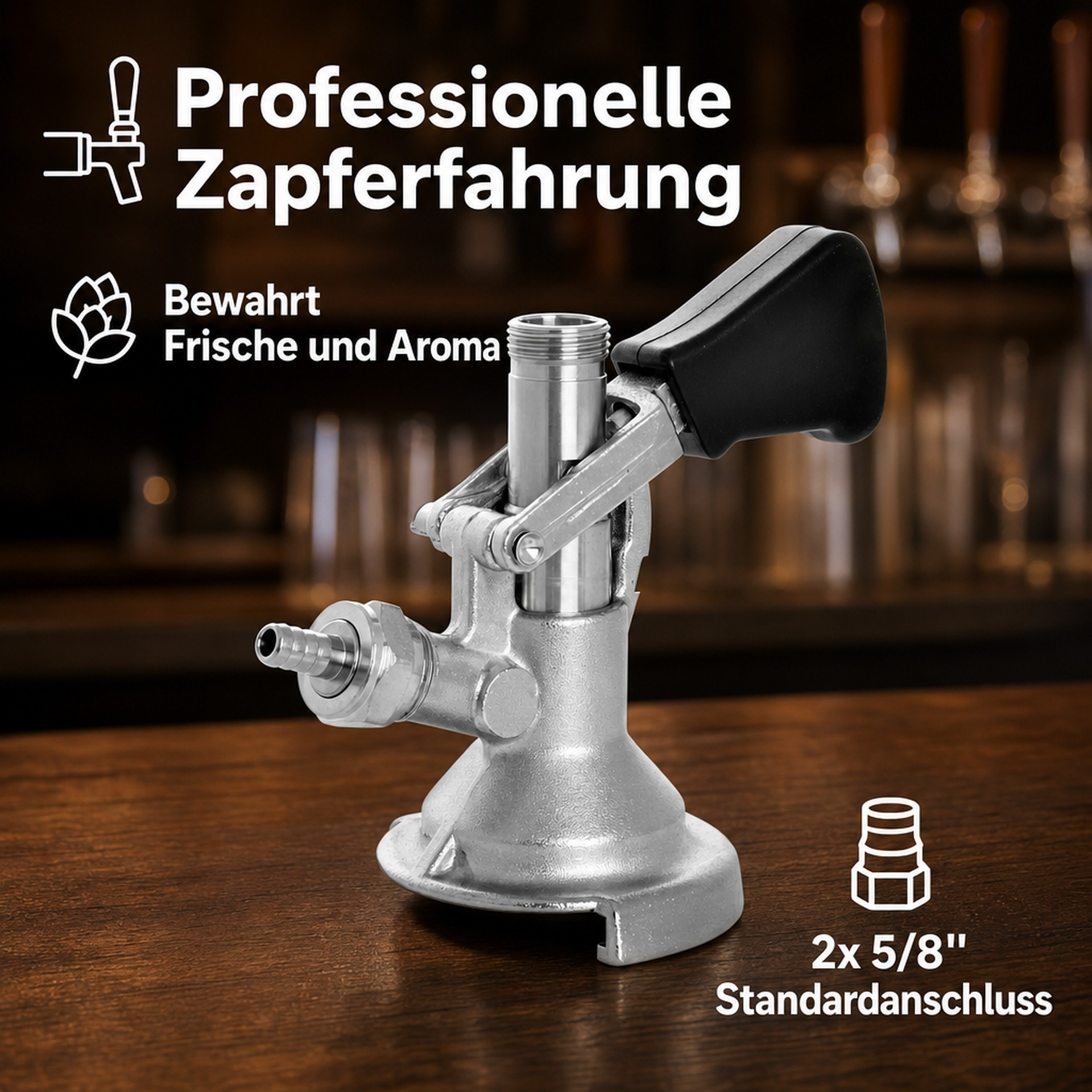 Edelstahl-Fasszapfkopf mit schwarzem Griff auf Holztisch vor verschwommenem Hintergrund.