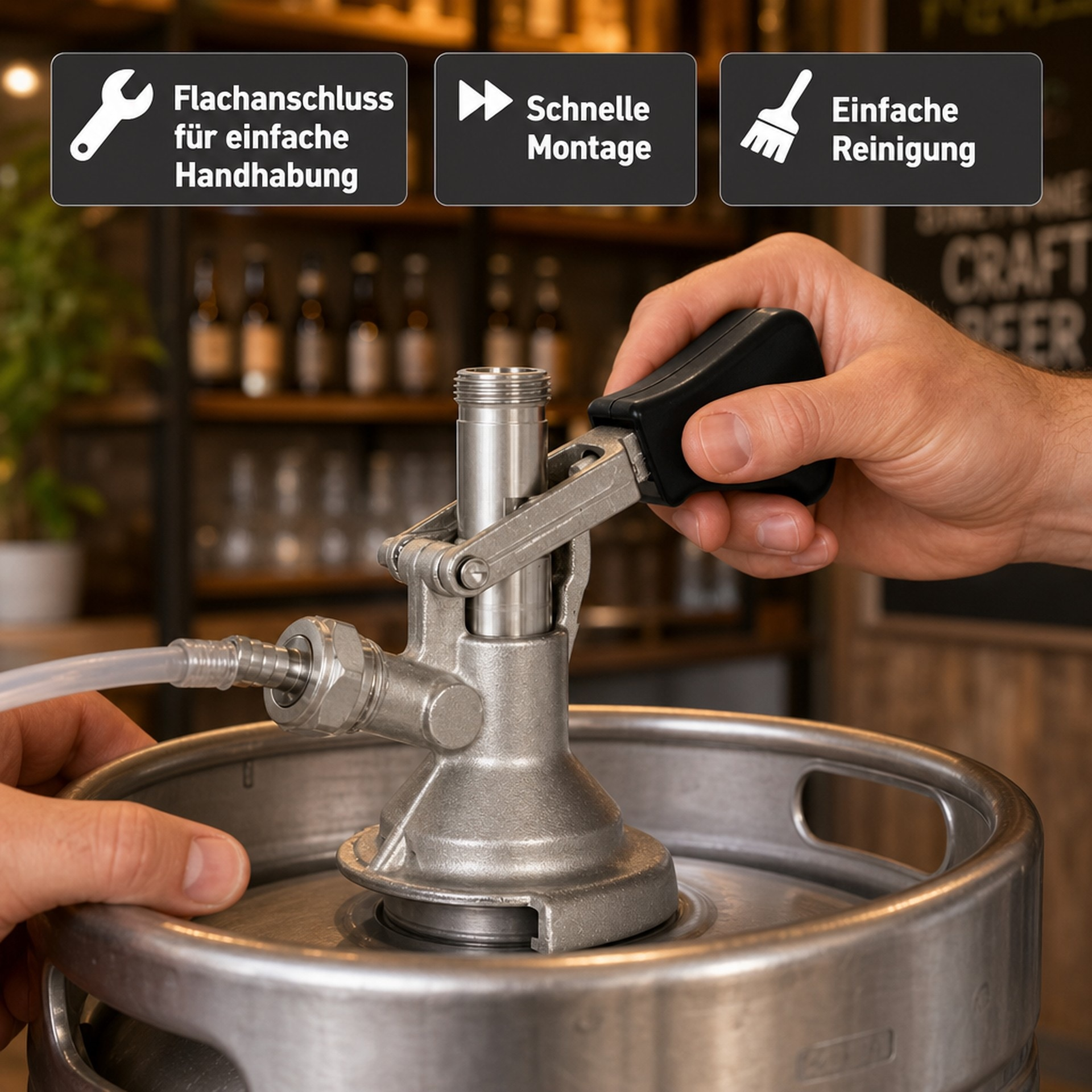 Hand montiert einen Bierkeg-Flachanschluss auf ein Fass, mit Text-Icons für einfache Handhabung und Reinigung.
