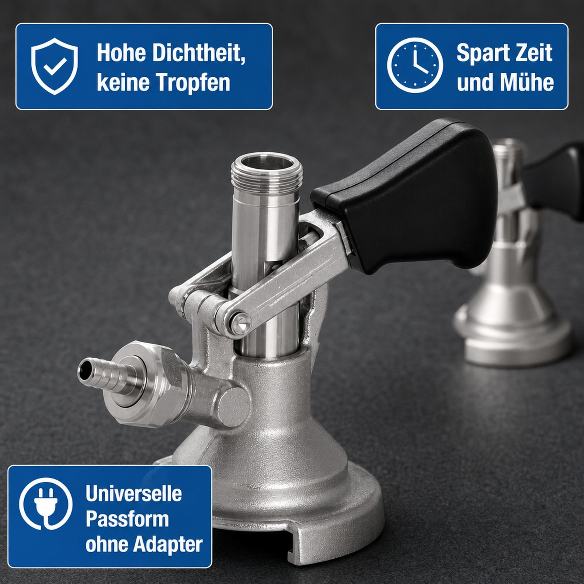 Metallener Keg-Zapfkopf mit schwarzem Griff auf schwarzem Untergrund, umgeben von blauen Informationsboxen.