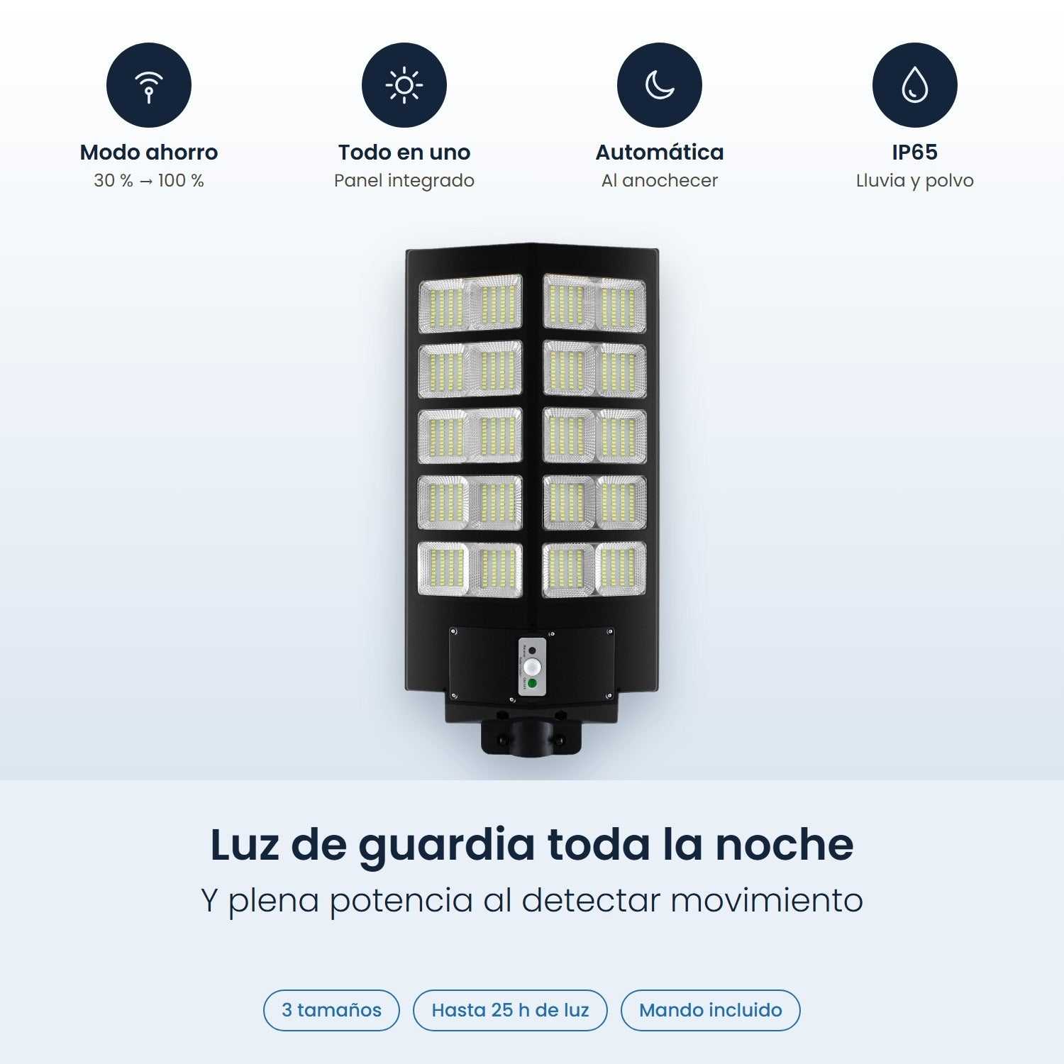 Farola LED negra con sensor de movimiento, panel integrado y cuatro iconos arriba.