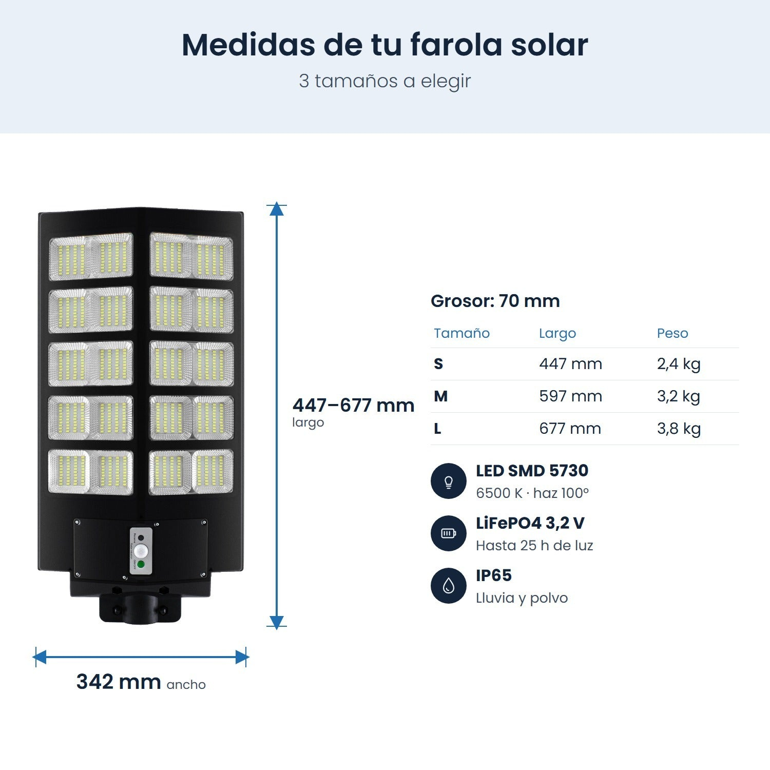 Dibujo técnico y medidas de una farola solar LED negra con especificaciones.